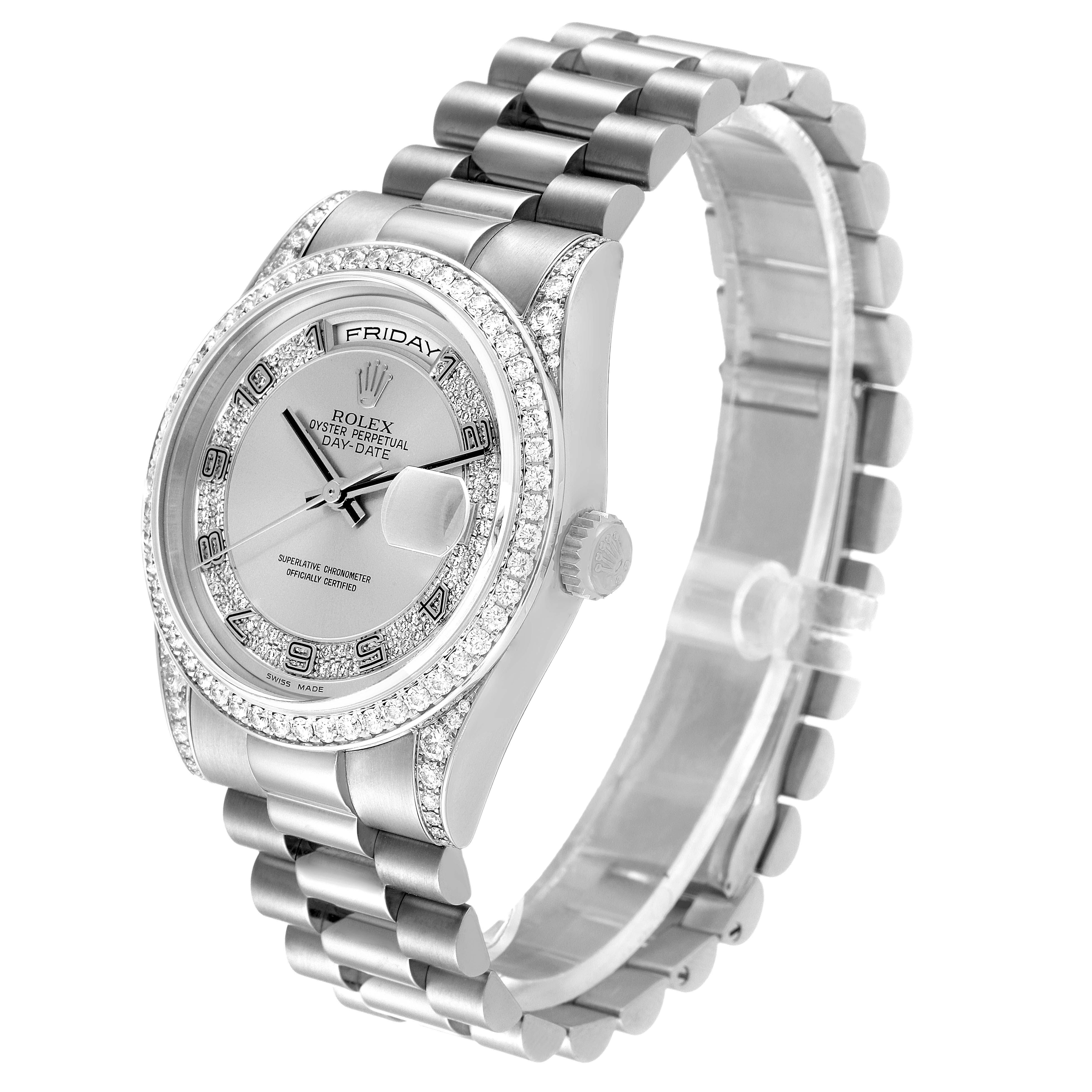 This image shows a Rolex President 118389 Men's White Gold Silver Dial 118389 Men's White Gold Silver Dial model watch at an angled view, including the dial, bezel, and bracelet.