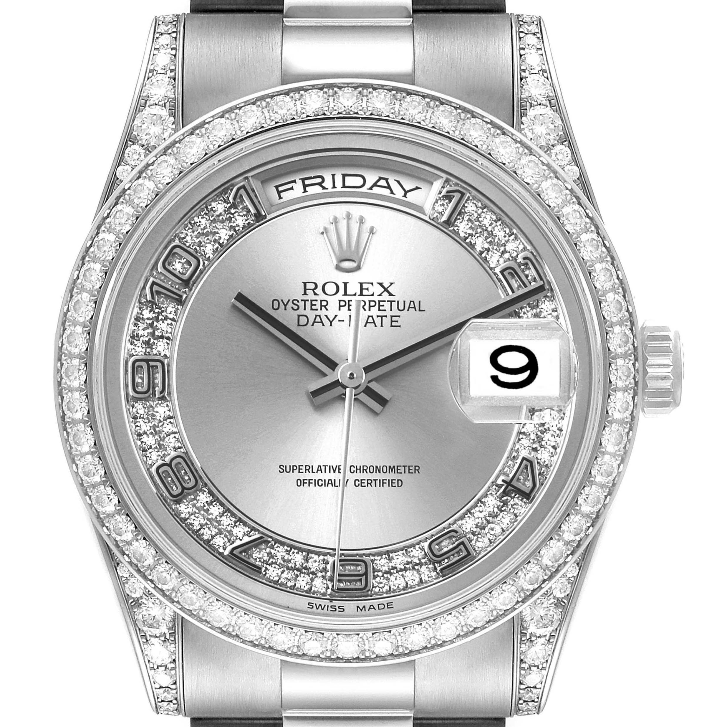 This is a front view of the Rolex President 118389 Men's White Gold Silver Dial 118389 Men's White Gold Silver Dial model watch, showcasing the dial, bezel, and crown.