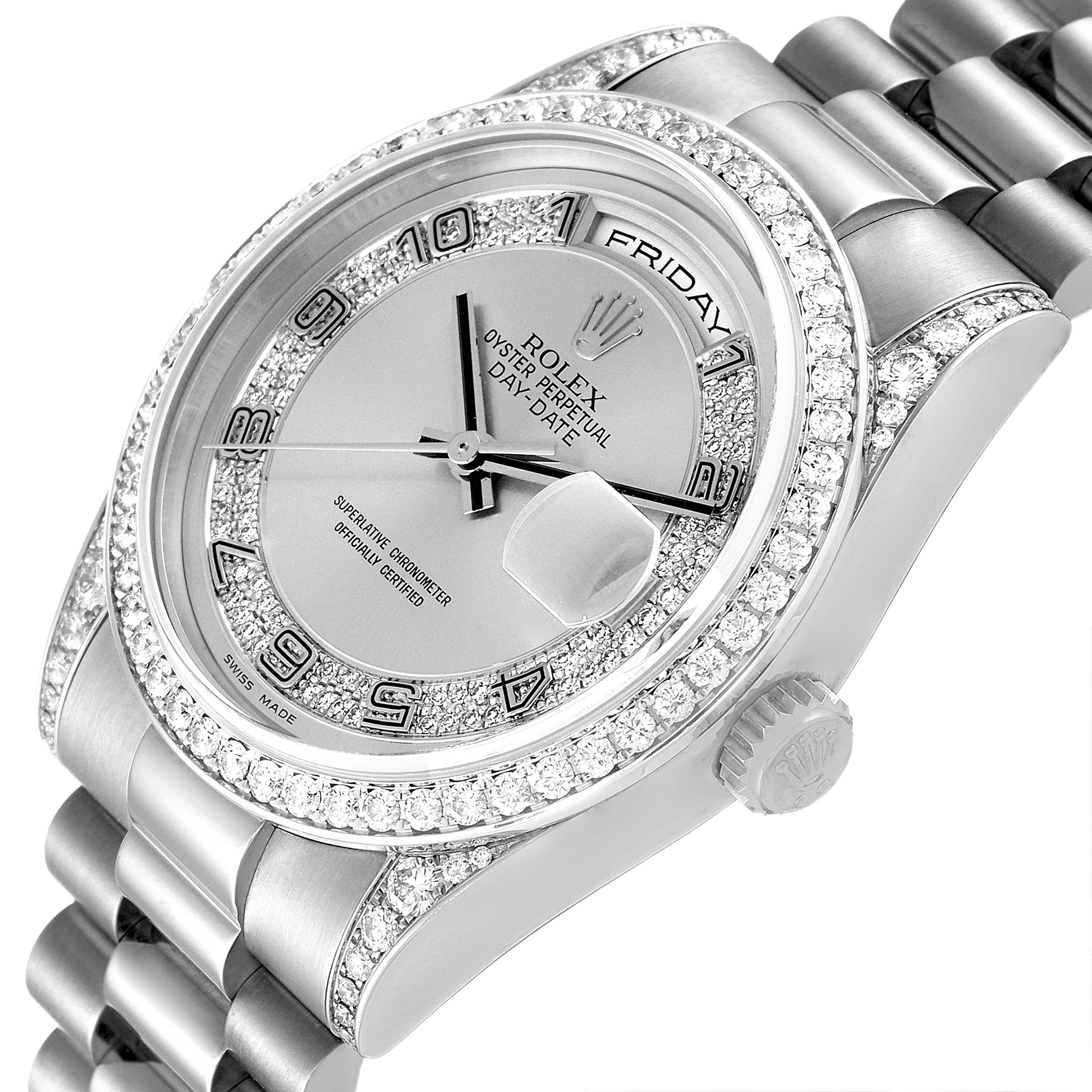 The image shows a Rolex President 118389 Men's White Gold Silver Dial 118389 Men's White Gold Silver Dial model watch at an angled view, highlighting the bezel, dial, and part of the bracelet.