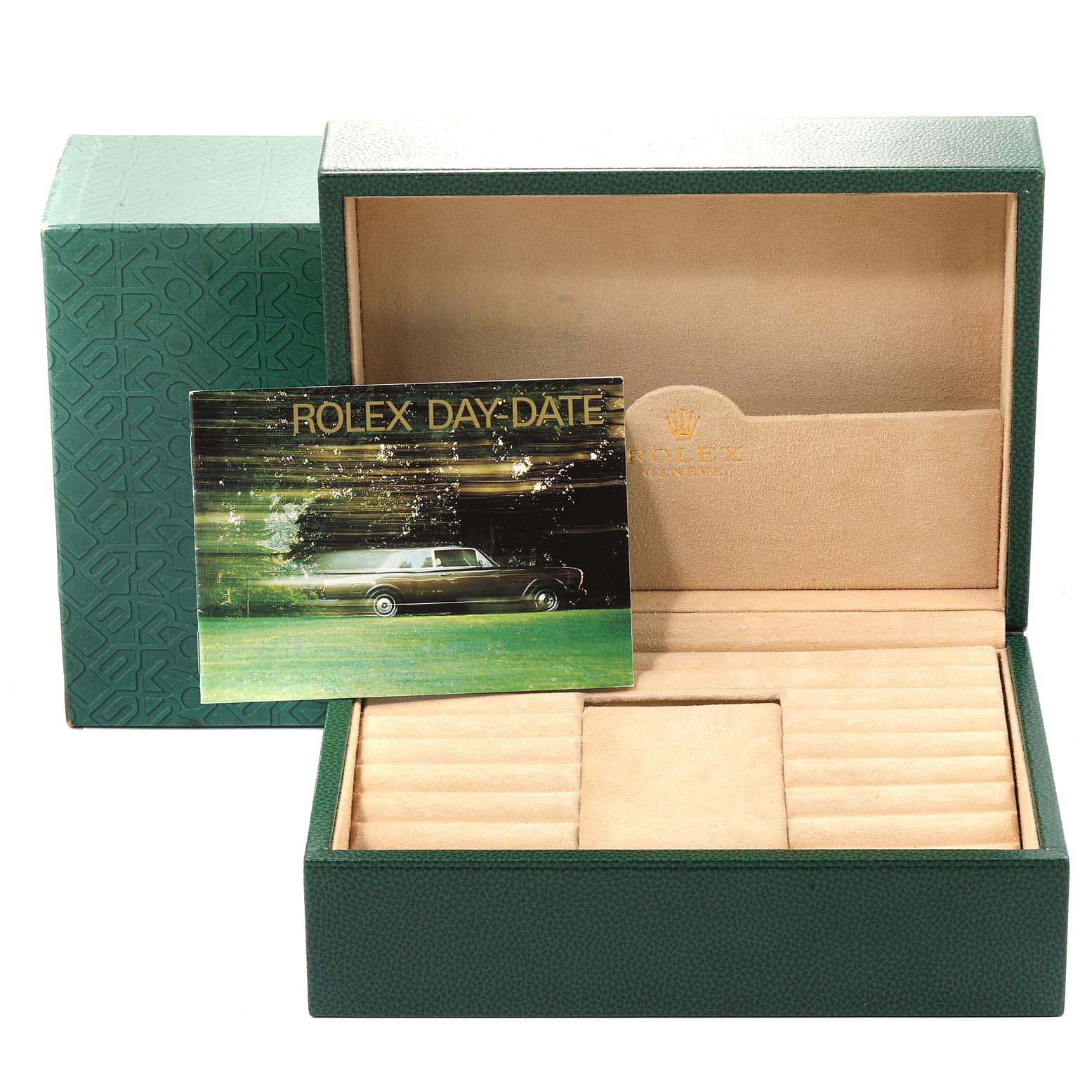 The image shows an open Rolex President 18238 Men
s Yellow Gold White Dial 18238 Men
s Yellow Gold White Dial model box and booklet from a front angle, highlighting the interior watch slot and storage.