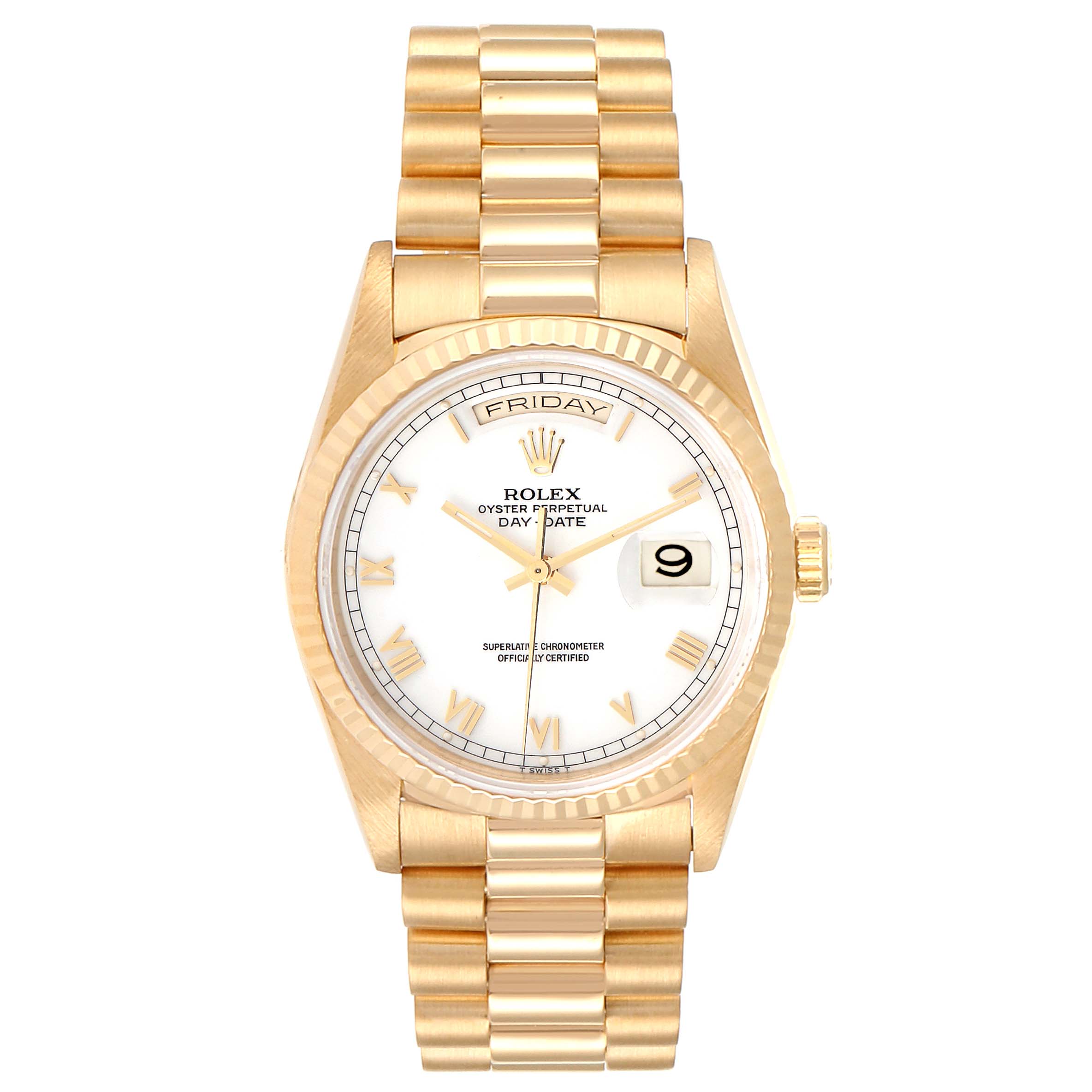 The image shows a Rolex President 18238 Men
s Yellow Gold White Dial 18238 Men
s Yellow Gold White Dial model watch from a front angle, highlighting the dial, bezel, bracelet, and crown.