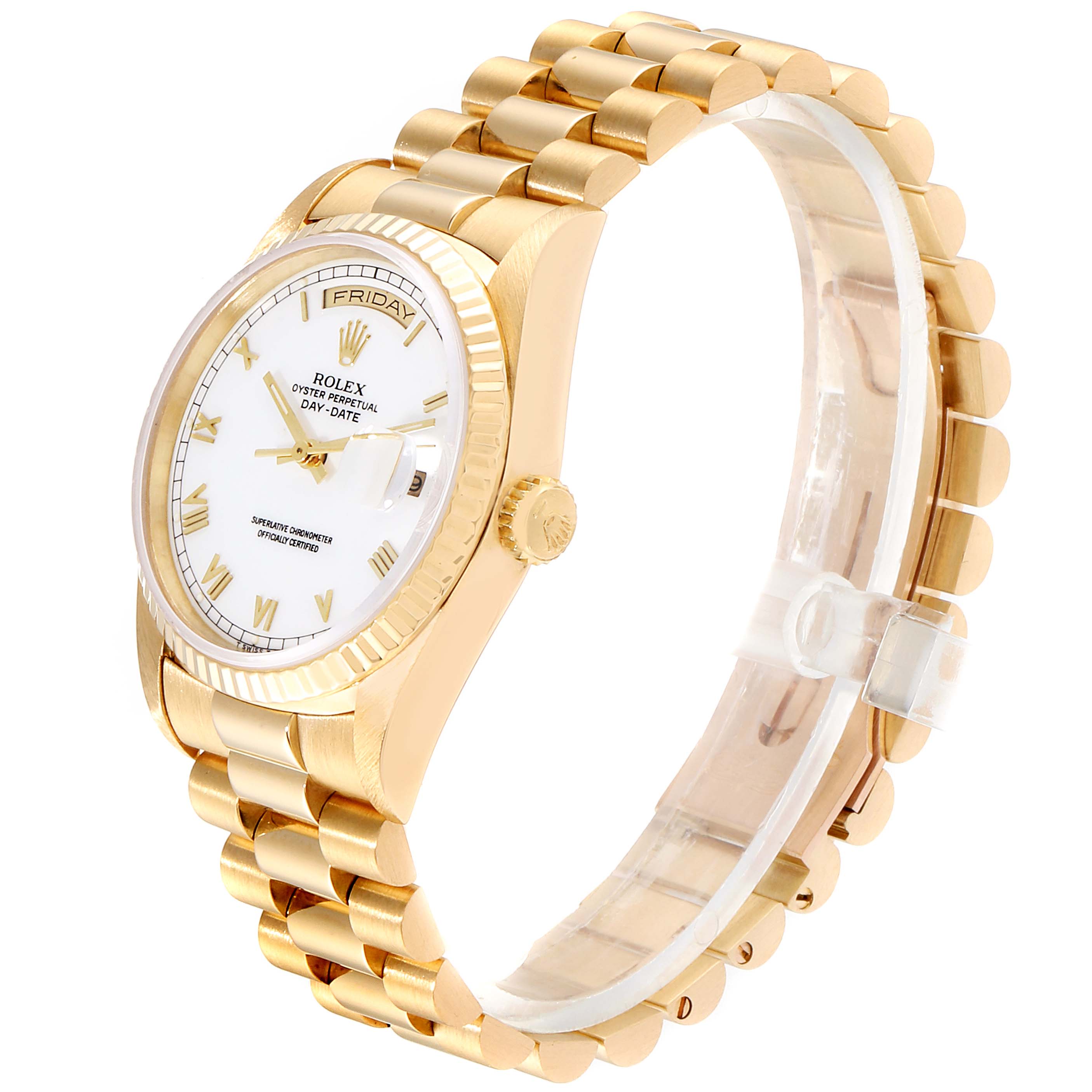 This image shows a side angle of a Rolex President 18238 Men
s Yellow Gold White Dial 18238 Men
s Yellow Gold White Dial model watch, highlighting the gold bracelet, crown, and white dial.
