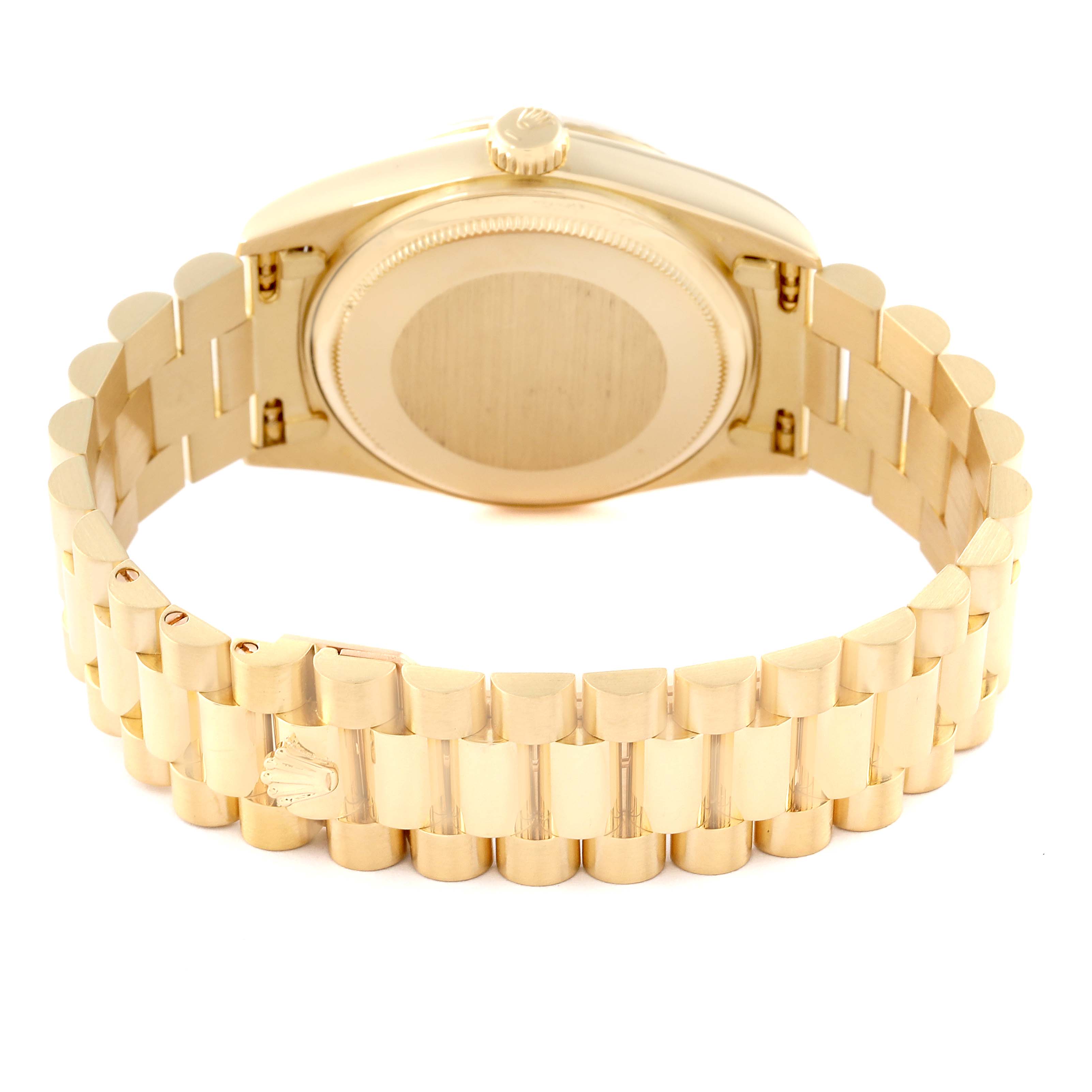 This image shows the backside and bracelet of a Rolex President 18038 Men
s Yellow Gold Champagne Dial 18038 Men
s Yellow Gold Champagne Dial model watch.