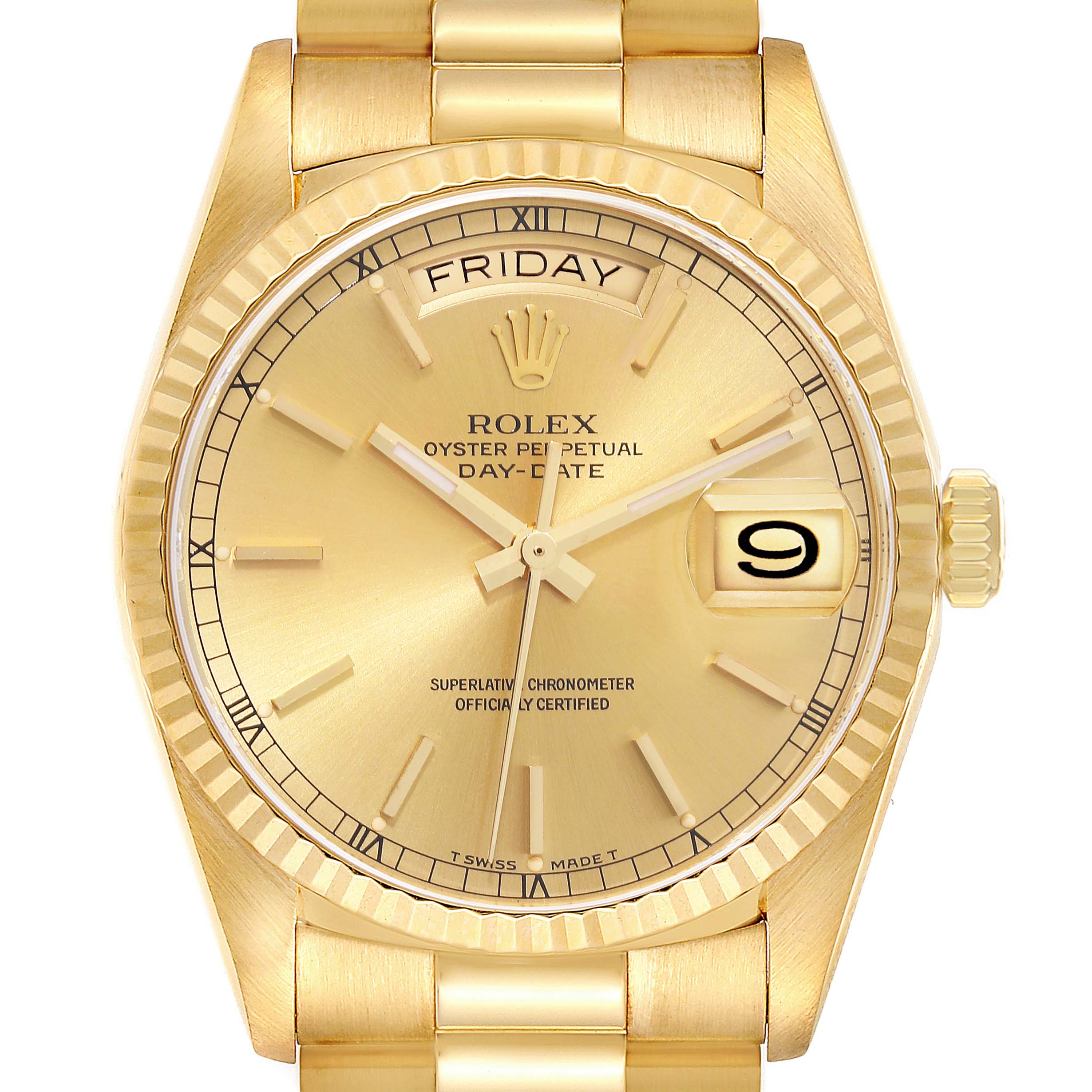 The image shows a frontal view of a Rolex President 18038 Men
s Yellow Gold Champagne Dial 18038 Men
s Yellow Gold Champagne Dial Day-Date watch, highlighting its gold dial, fluted bezel, and day-date display.