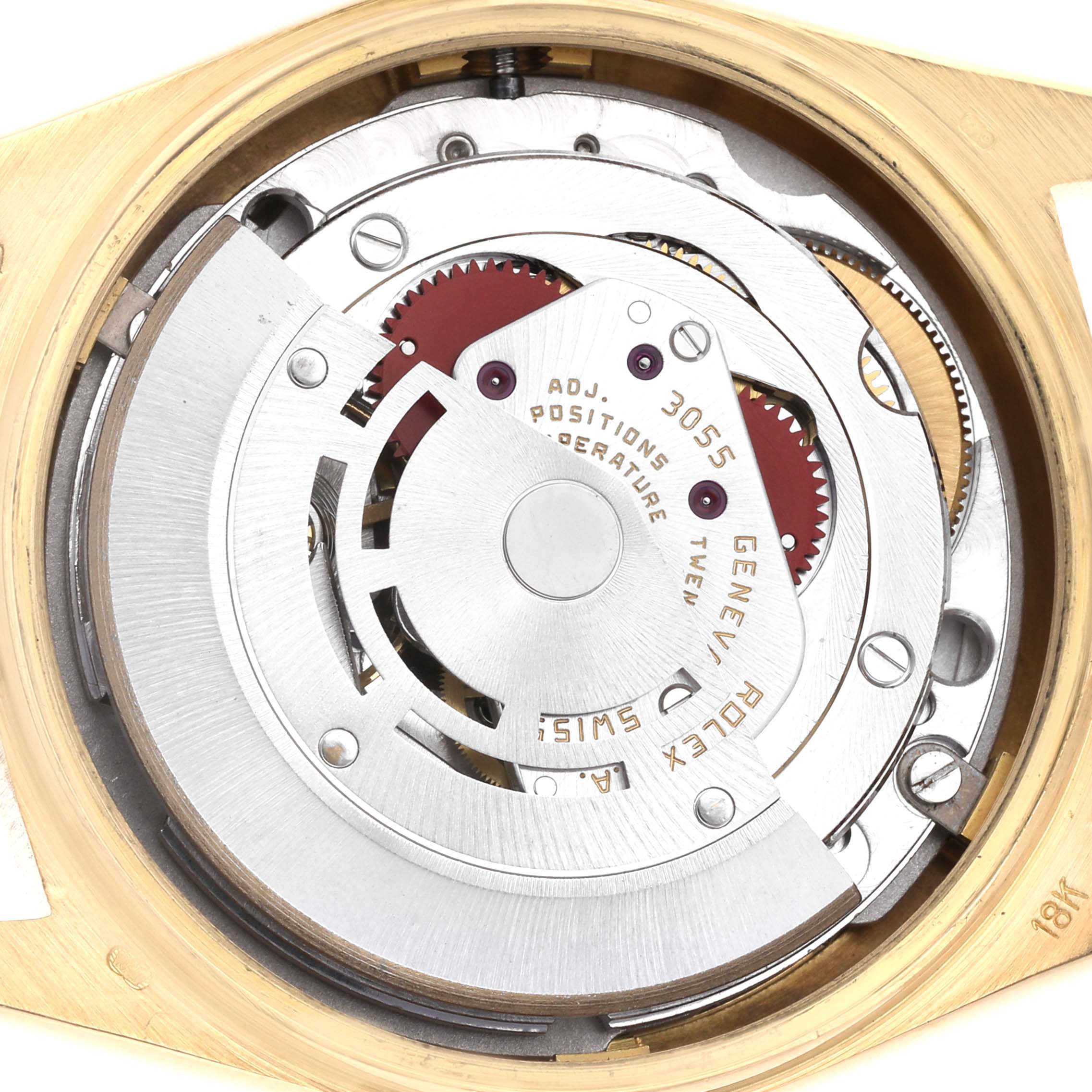 This image shows a close-up, top-down view of the internal movement of the Rolex President 18038 Men
s Yellow Gold Champagne Dial 18038 Men
s Yellow Gold Champagne Dial model watch.