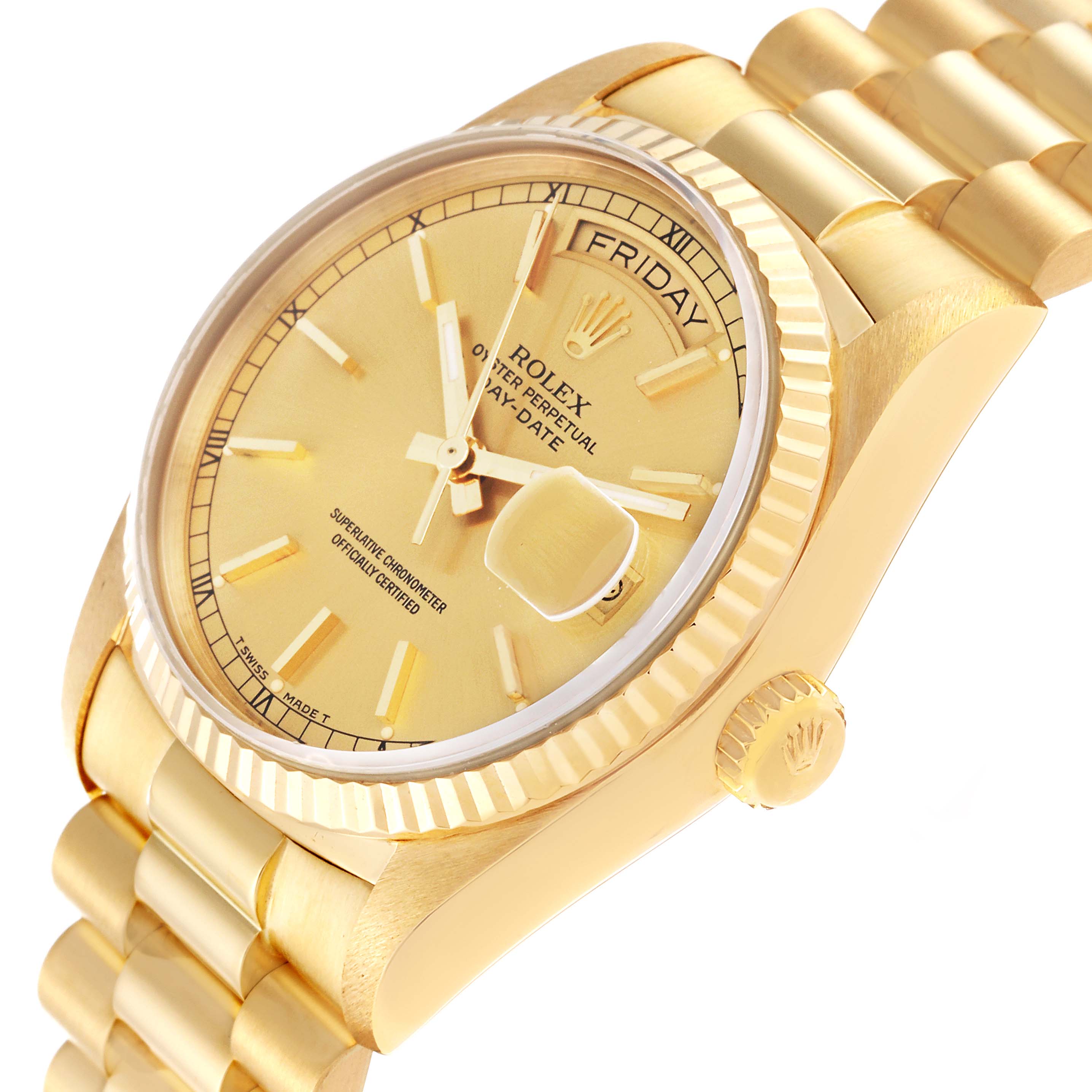 The image shows a side angle of a Rolex President 18038 Men
s Yellow Gold Champagne Dial 18038 Men
s Yellow Gold Champagne Dial model watch, highlighting the face, crown, and band.
