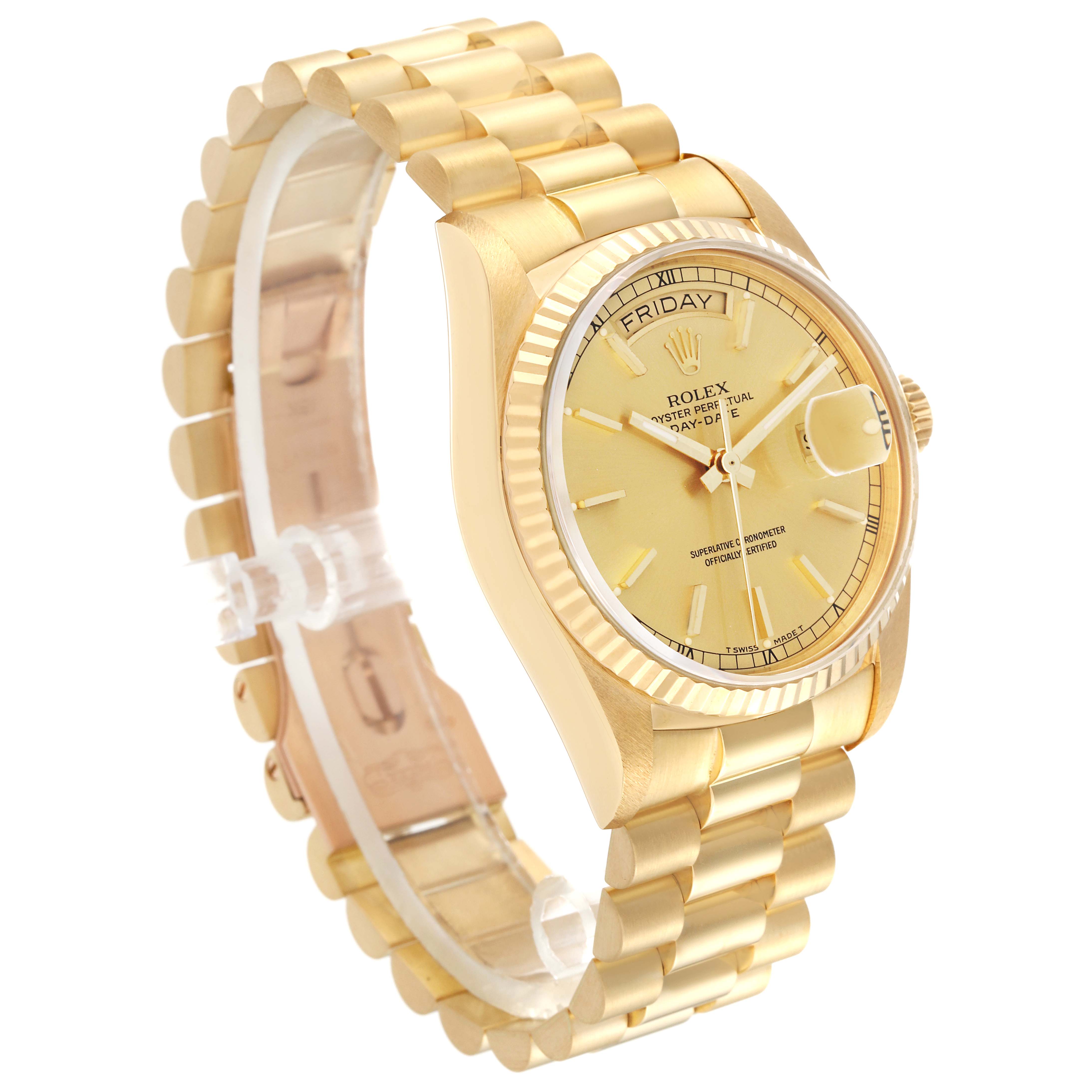 This image shows the Rolex President 18038 Men
s Yellow Gold Champagne Dial 18038 Men
s Yellow Gold Champagne Dial model watch from an angled view, highlighting the band, face, and bezel.