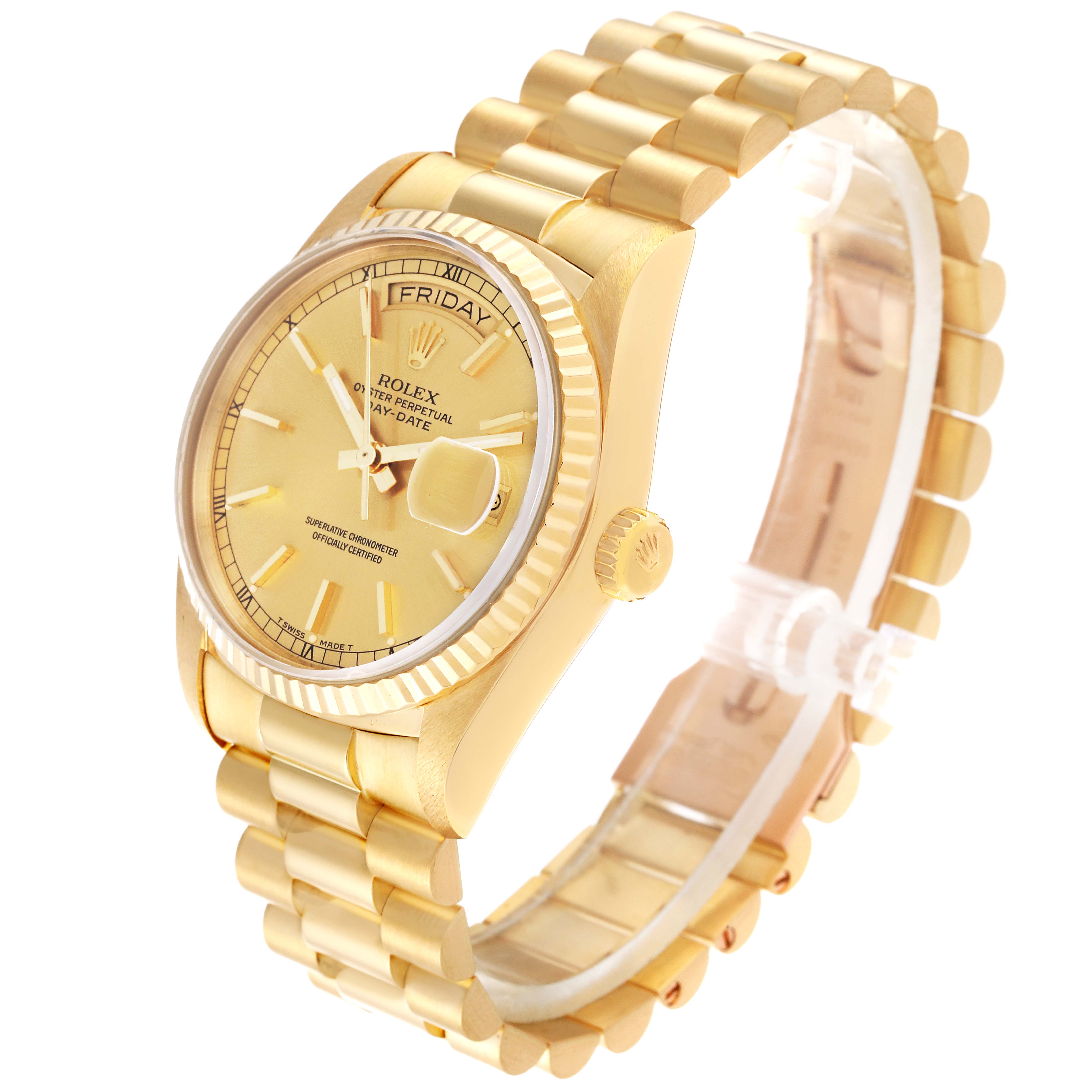 This image shows the President model Rolex watch at a three-quarter angle, highlighting the face, bezel, crown, and bracelet.