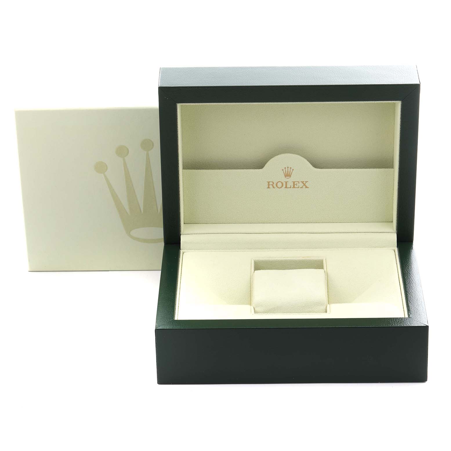 This image shows an empty Rolex President 118348 Men
s Yellow Gold Champagne Dial 118348 Men
s Yellow Gold Champagne Dial watch box from a front angle, with its cushion and logo visible.