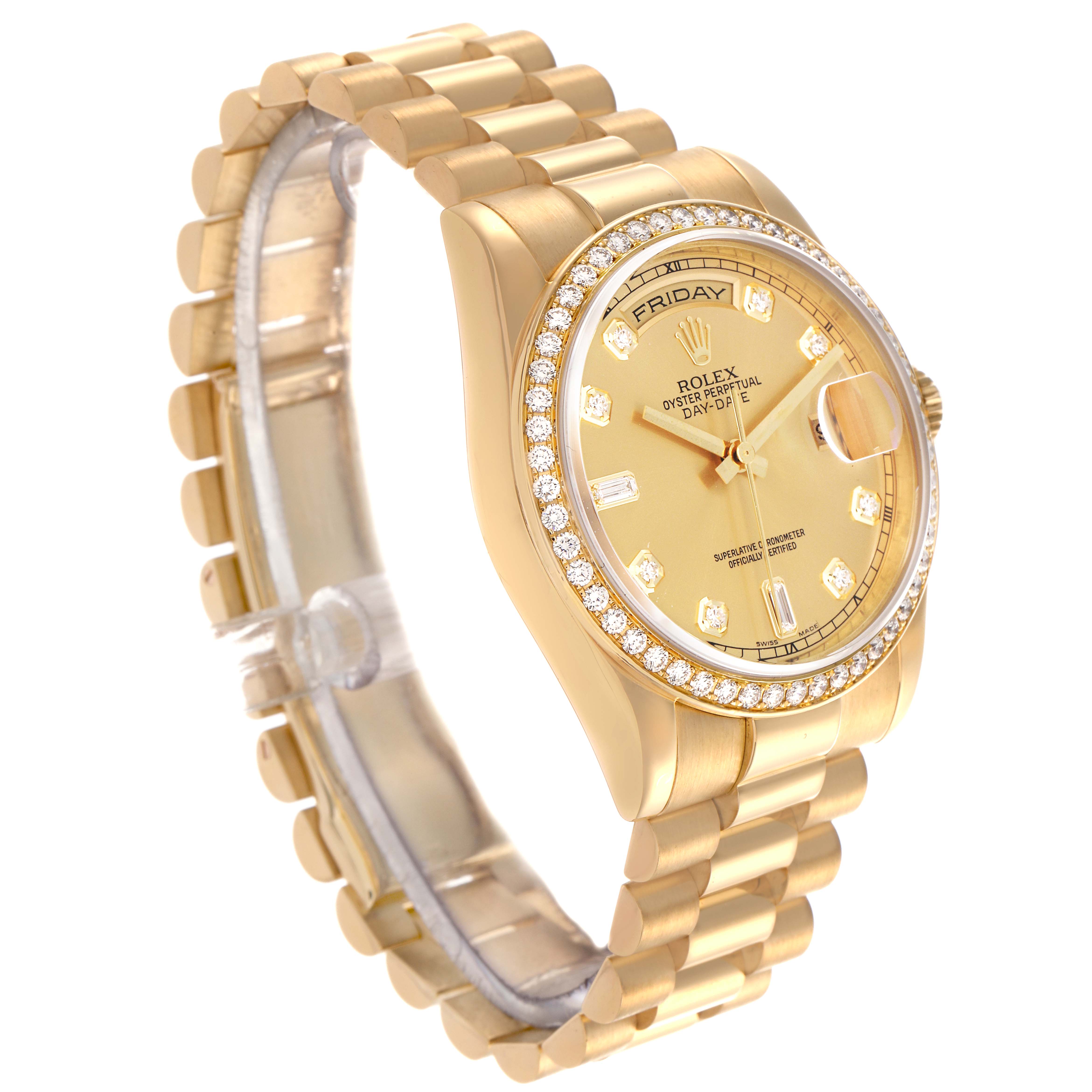 This image shows the Rolex President 118348 Men
s Yellow Gold Champagne Dial 118348 Men
s Yellow Gold Champagne Dial model from a three-quarter angle, highlighting the dial, bezel, and bracelet.