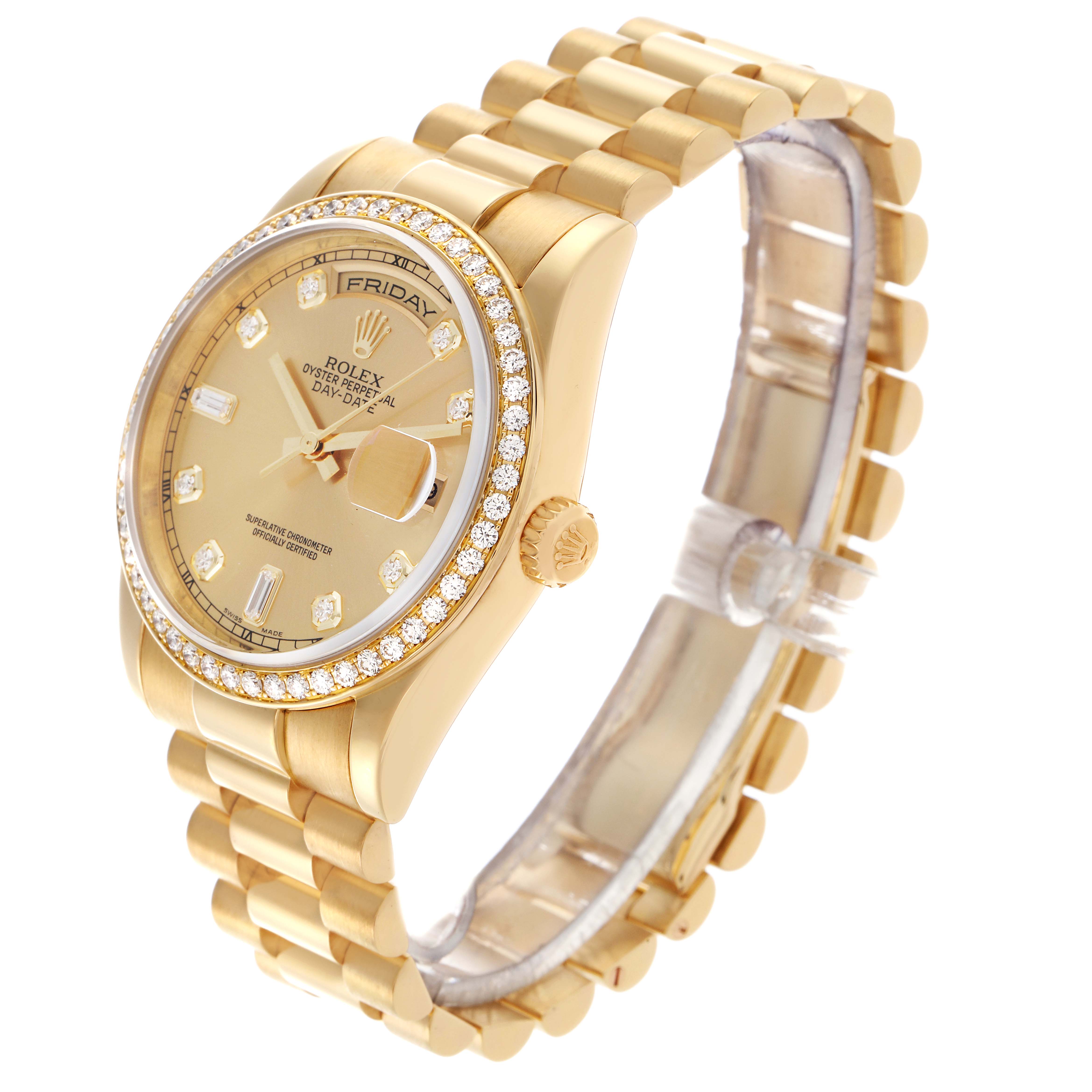 The Rolex President 118348 Men
s Yellow Gold Champagne Dial 118348 Men
s Yellow Gold Champagne Dial model is shown at a slight angle, displaying the dial, bezel, crown, and bracelet.