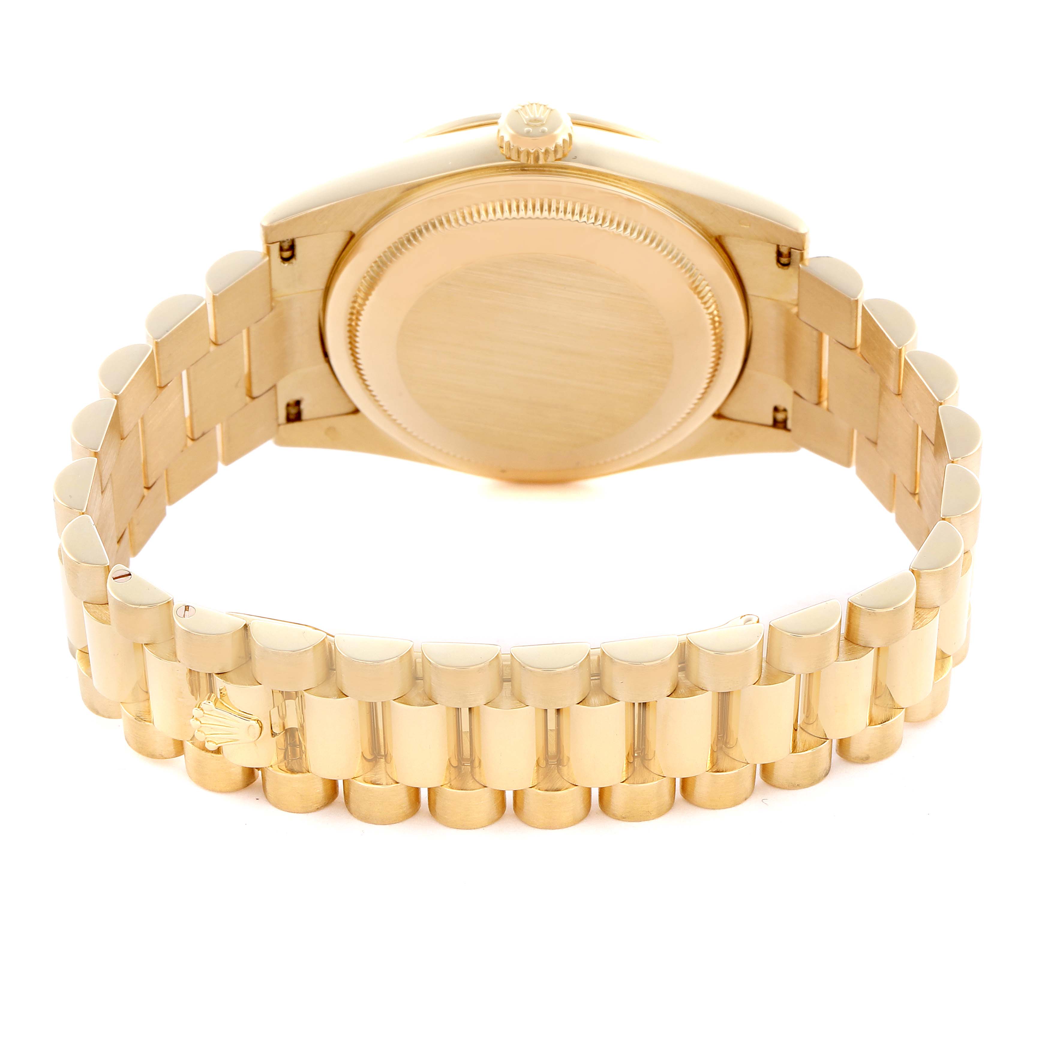 The image shows the back and bracelet of a Rolex President 118348 Men
s Yellow Gold Champagne Dial 118348 Men
s Yellow Gold Champagne Dial model watch at a slightly angled view.