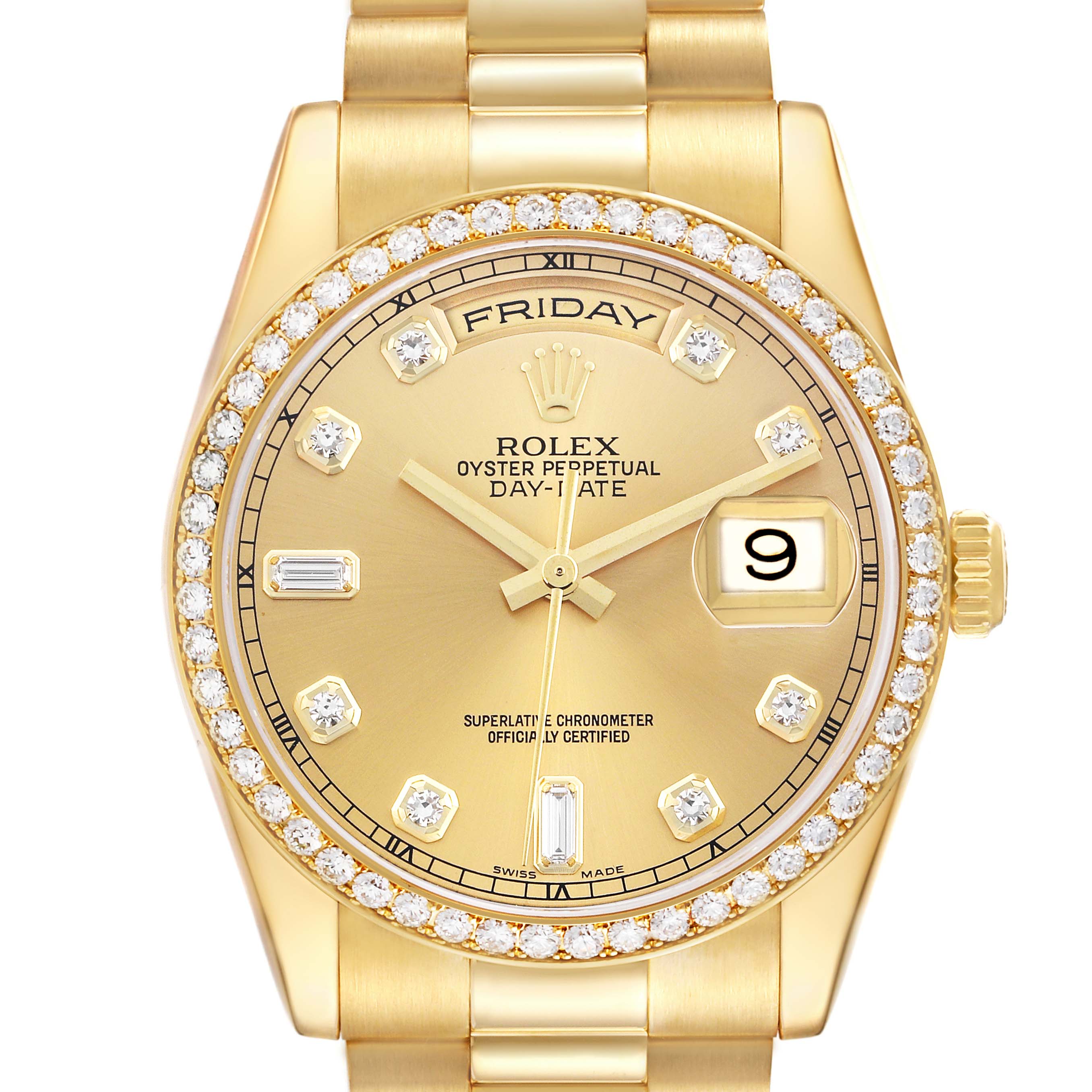 The Rolex President 118348 Men
s Yellow Gold Champagne Dial 118348 Men
s Yellow Gold Champagne Dial model is shown from the front, featuring the dial, diamond bezel, and part of the bracelet.