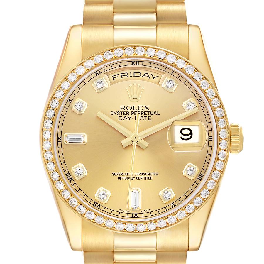 The Rolex President model is shown from the front, featuring the dial, diamond bezel, and part of the bracelet.