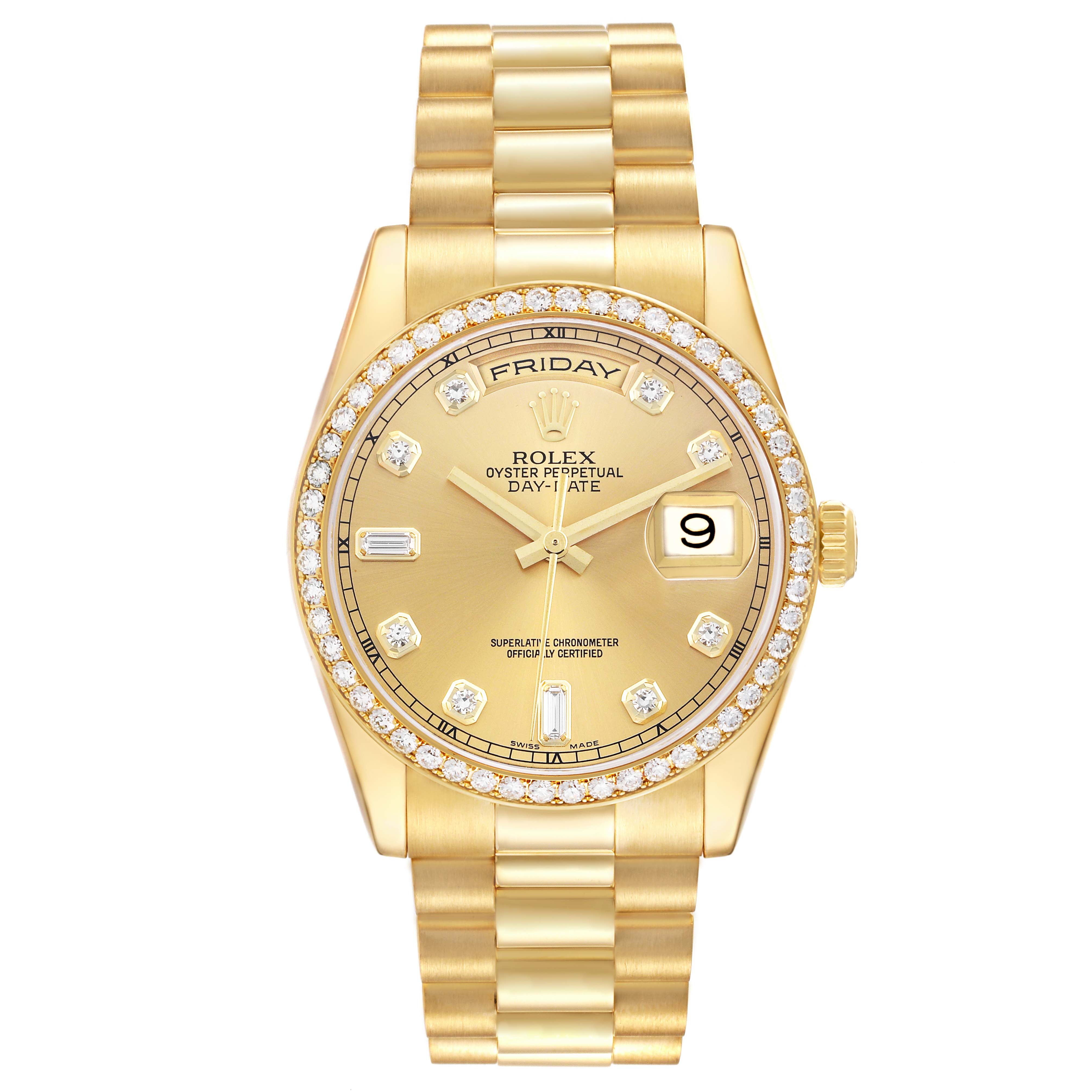 The Rolex President 118348 Men
s Yellow Gold Champagne Dial 118348 Men
s Yellow Gold Champagne Dial model is shown from a top-down angle, highlighting its gold bracelet, diamond-set bezel, dial, and day-date display.