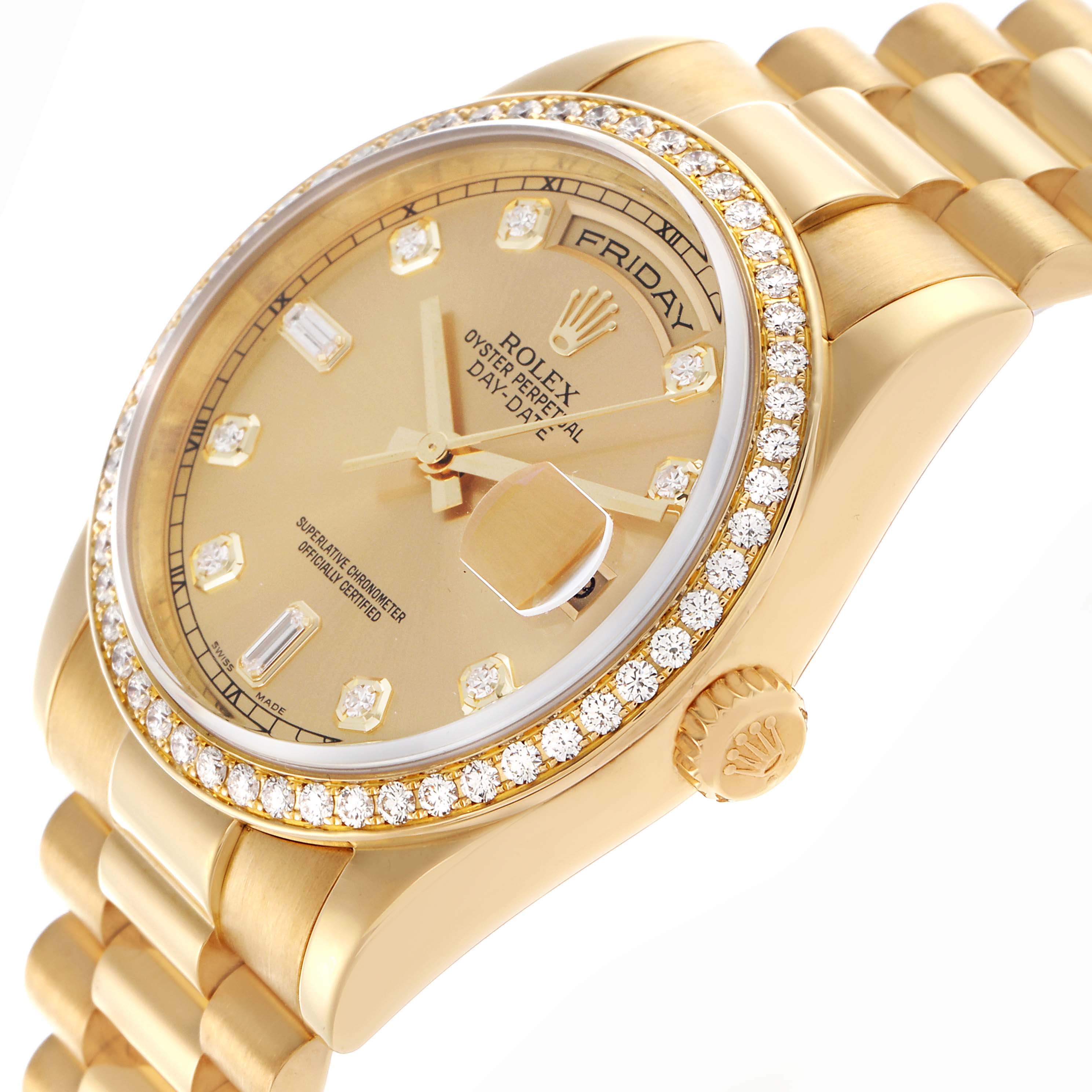 The Rolex President 118348 Men
s Yellow Gold Champagne Dial 118348 Men
s Yellow Gold Champagne Dial model watch is shown at a slight side angle, highlighting the diamond-encrusted bezel, dial, and bracelet.