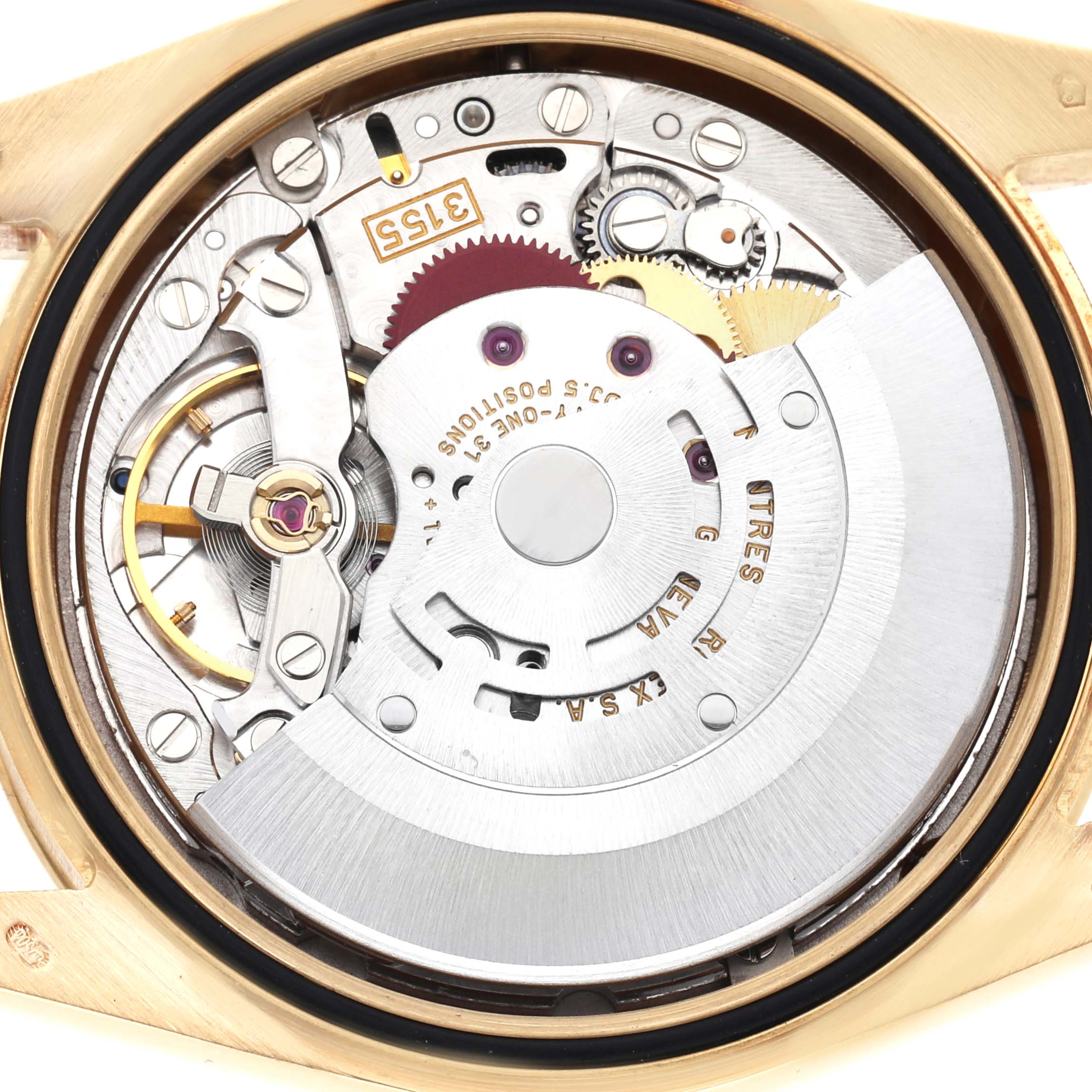 The image shows the movement of the Rolex President 118348 Men
s Yellow Gold Champagne Dial 118348 Men
s Yellow Gold Champagne Dial model from a rear angle, highlighting gears and the rotor.