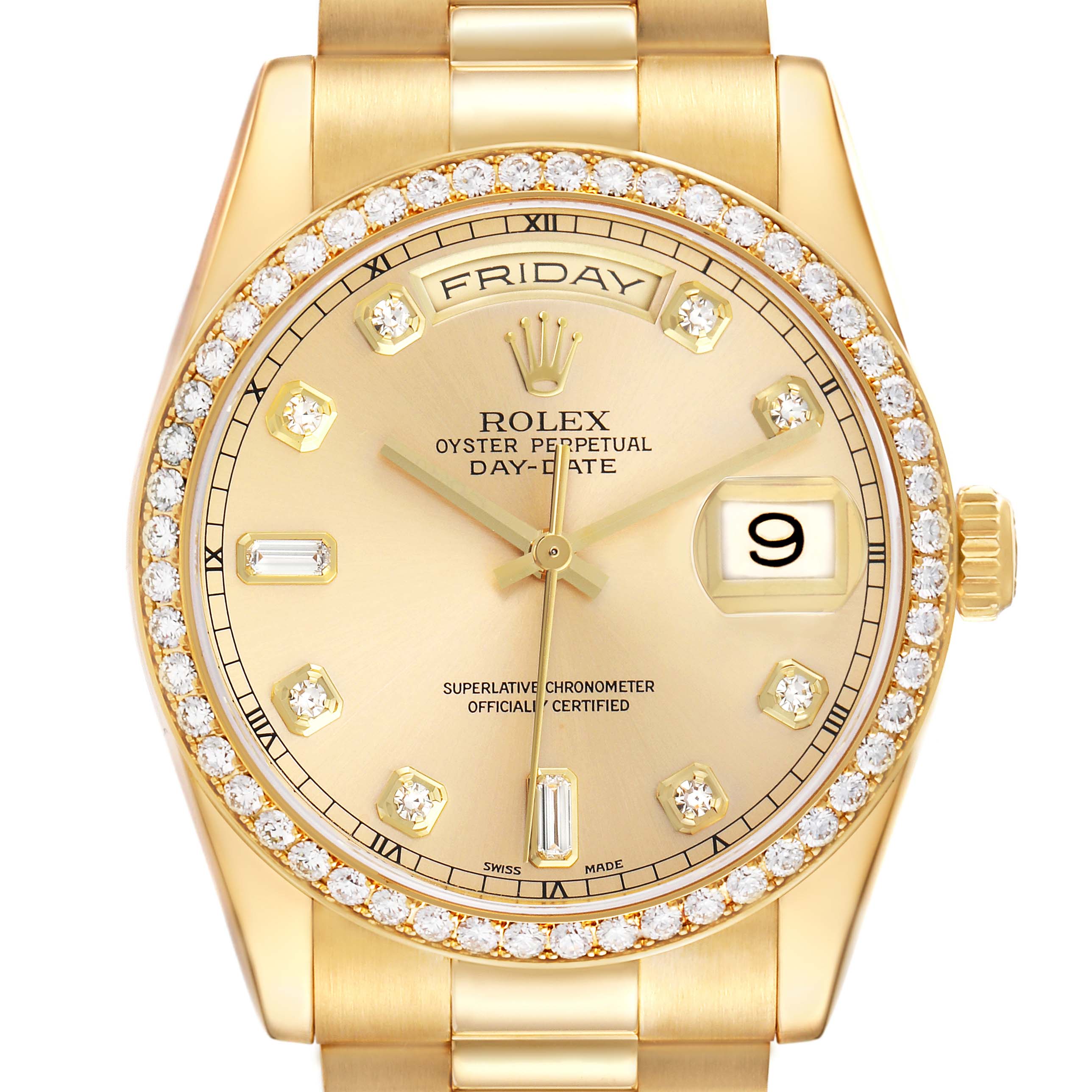 The Rolex President 118348 Men
s Yellow Gold Champagne Dial 118348 Men
s Yellow Gold Champagne Dial model watch is shown from a front angle, displaying its gold case, diamond bezel, and day-date window.