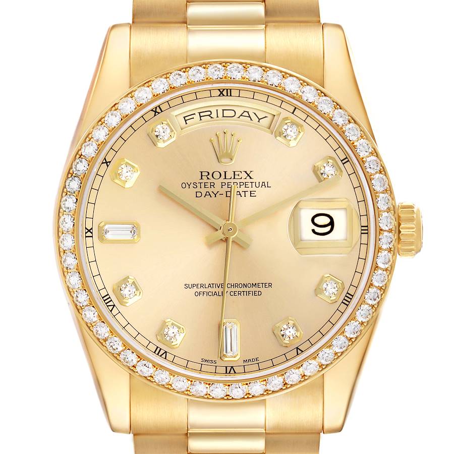 The Rolex President model watch is shown from a front angle, displaying its gold case, diamond bezel, and day-date window.