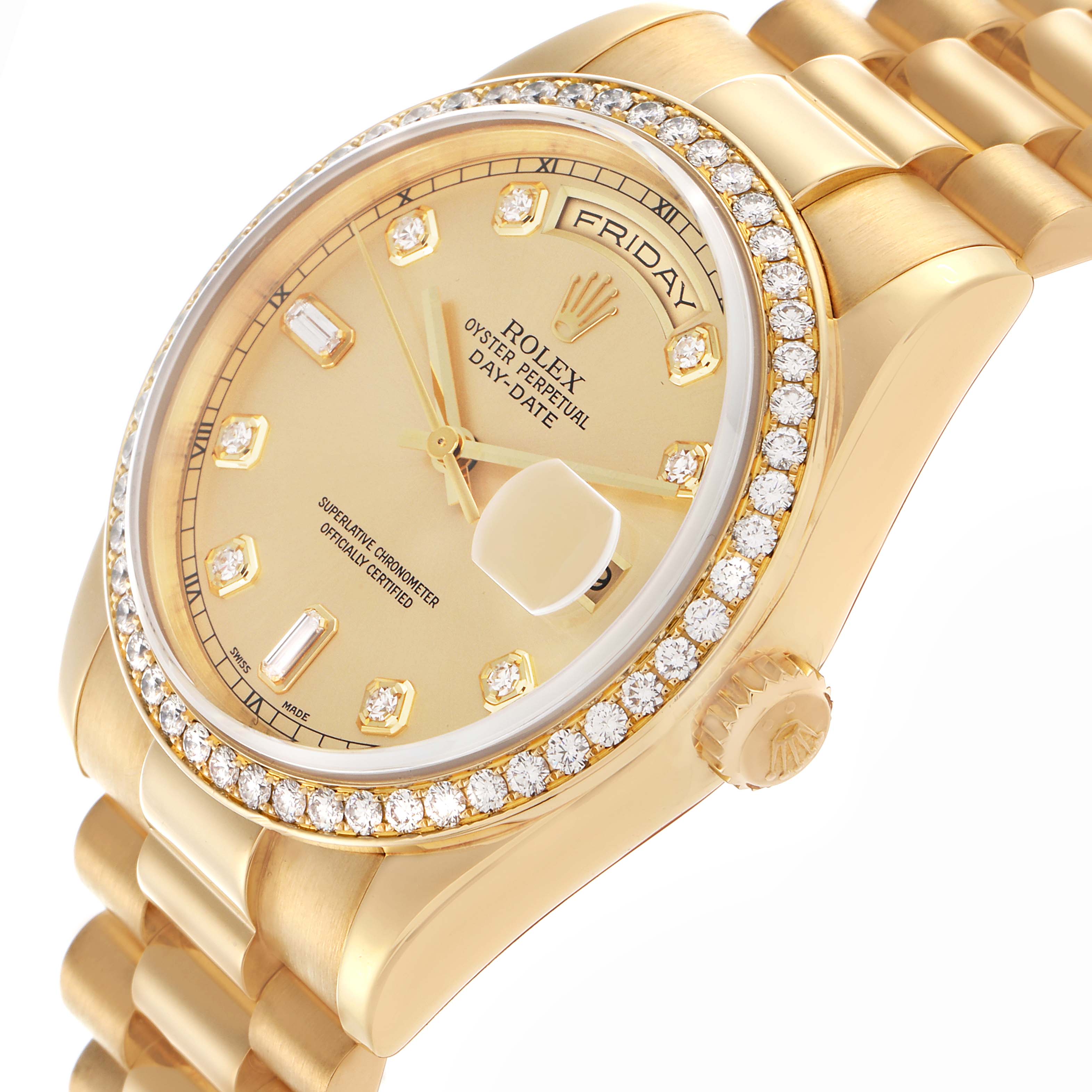 The Rolex President 118348 Men
s Yellow Gold Champagne Dial 118348 Men
s Yellow Gold Champagne Dial model watch is shown from an angled side view, highlighting the diamond bezel, dial, and bracelet.