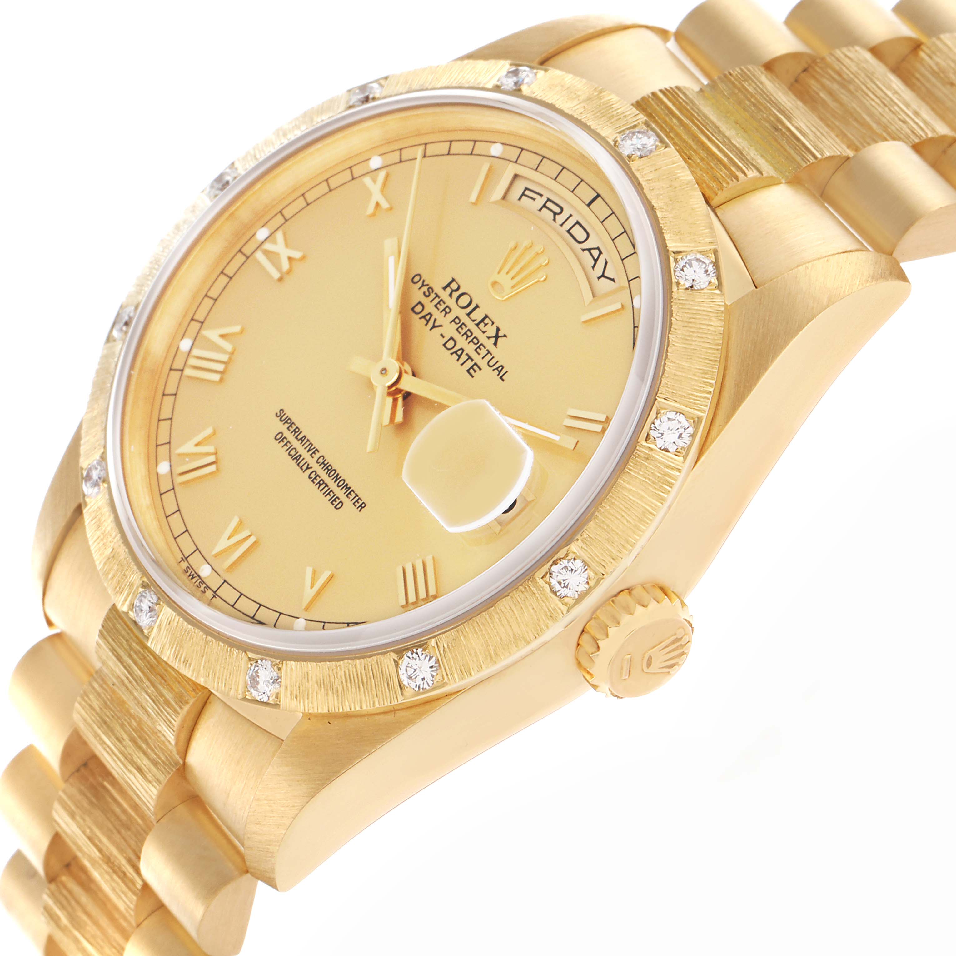 The Rolex President 18308 Men
s Yellow Gold Champagne Dial 18308 Men
s Yellow Gold Champagne Dial model watch is shown from a front-side angle, highlighting the dial, bezel, crown, and part of the bracelet.