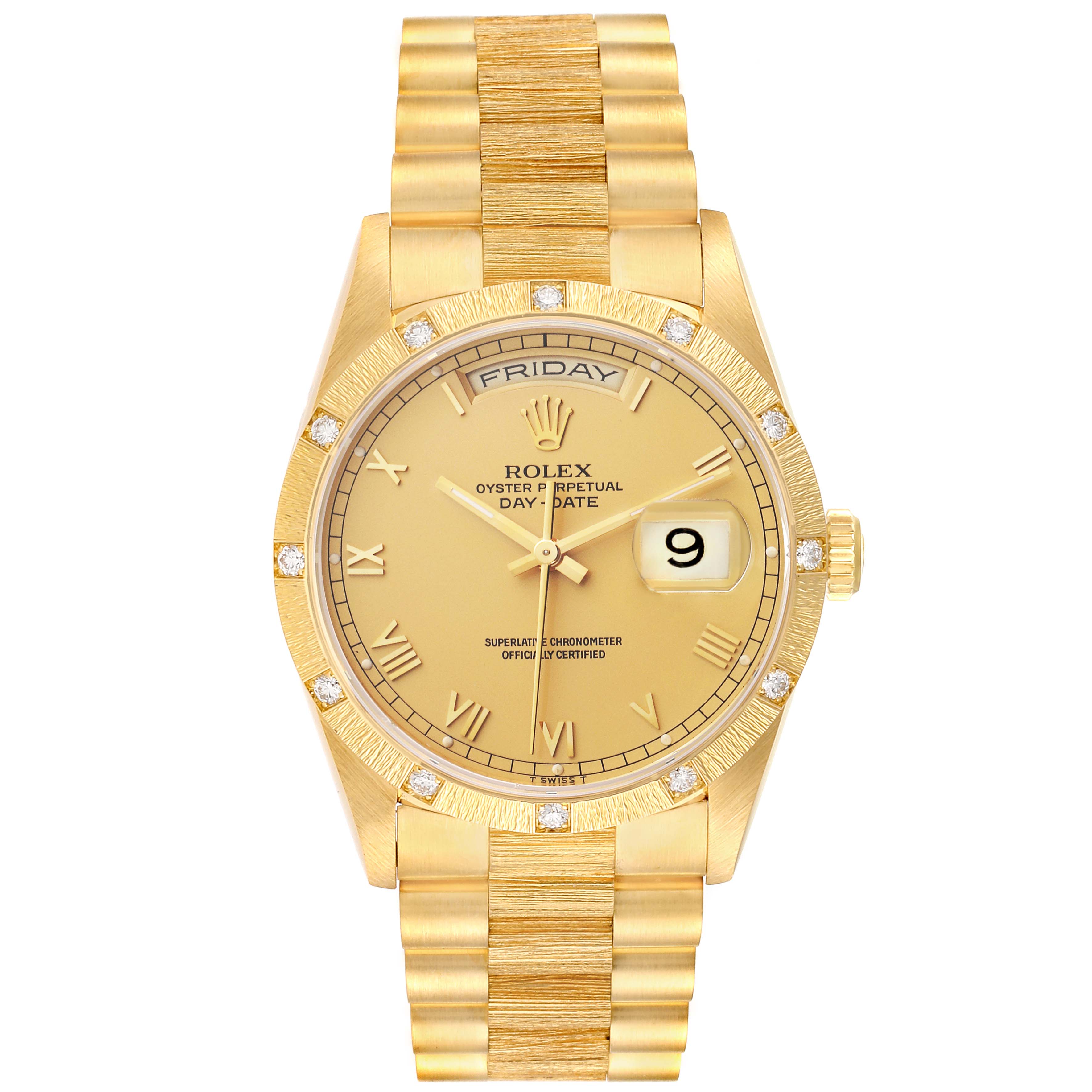 The Rolex President 18308 Men
s Yellow Gold Champagne Dial 18308 Men
s Yellow Gold Champagne Dial model watch is shown from a top-down angle, displaying the face, bezel, and bracelet.