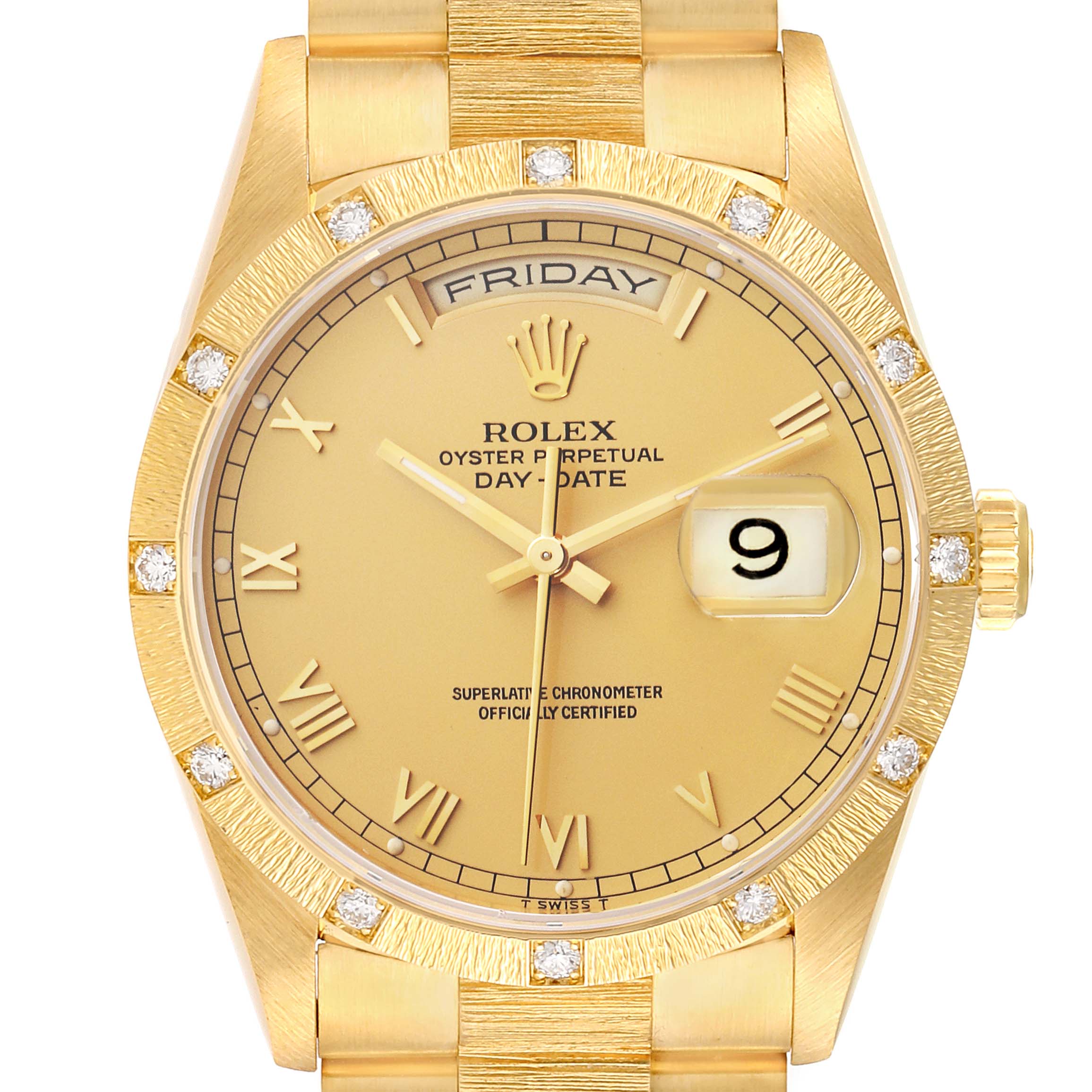 The image shows a front view of the Rolex President 18308 Men
s Yellow Gold Champagne Dial 18308 Men
s Yellow Gold Champagne Dial watch, highlighting the dial, bezel, crown, and part of the bracelet.