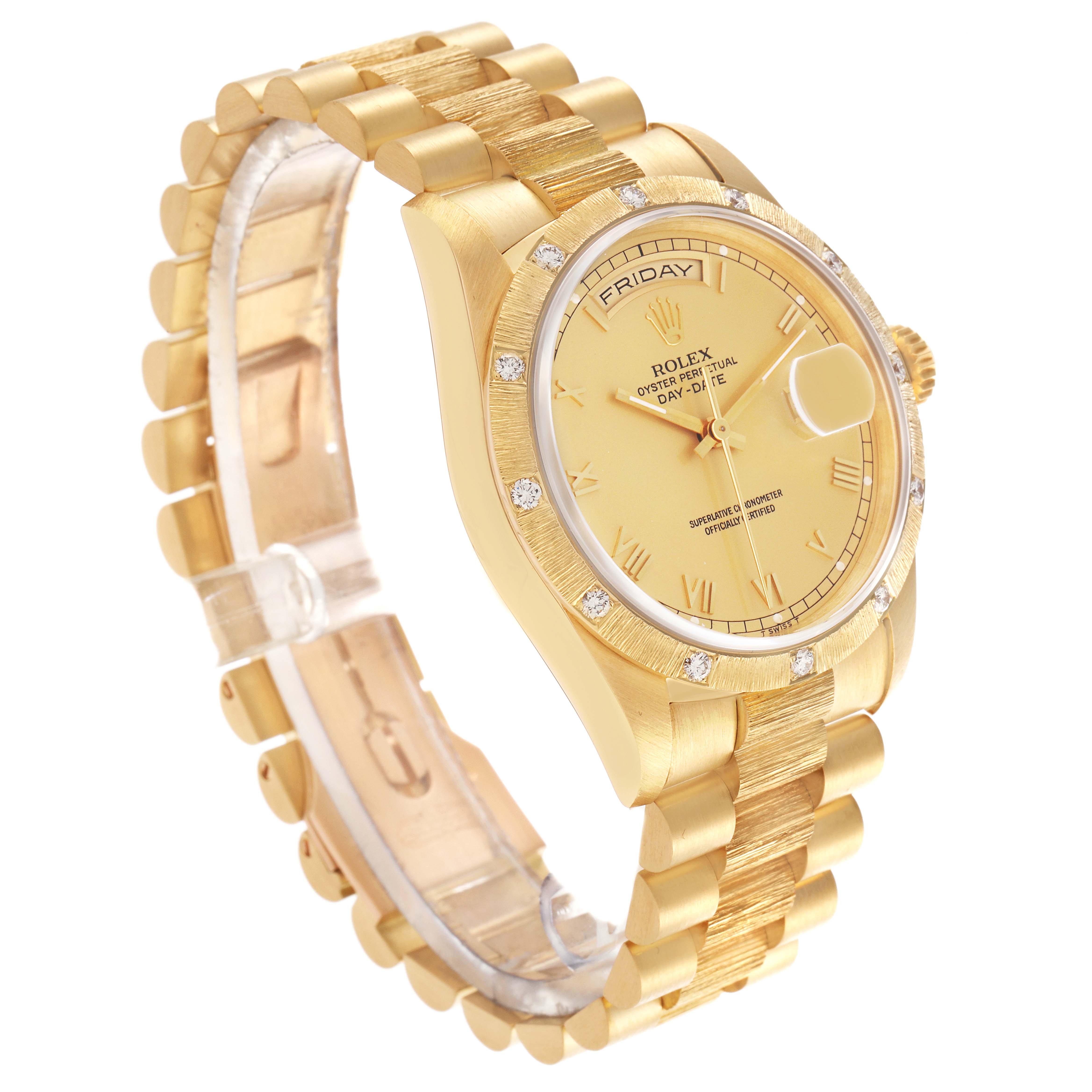 The Rolex President 18308 Men
s Yellow Gold Champagne Dial 18308 Men
s Yellow Gold Champagne Dial watch is shown at a three-quarter angle, highlighting its gold case, diamond bezel, and bracelet.