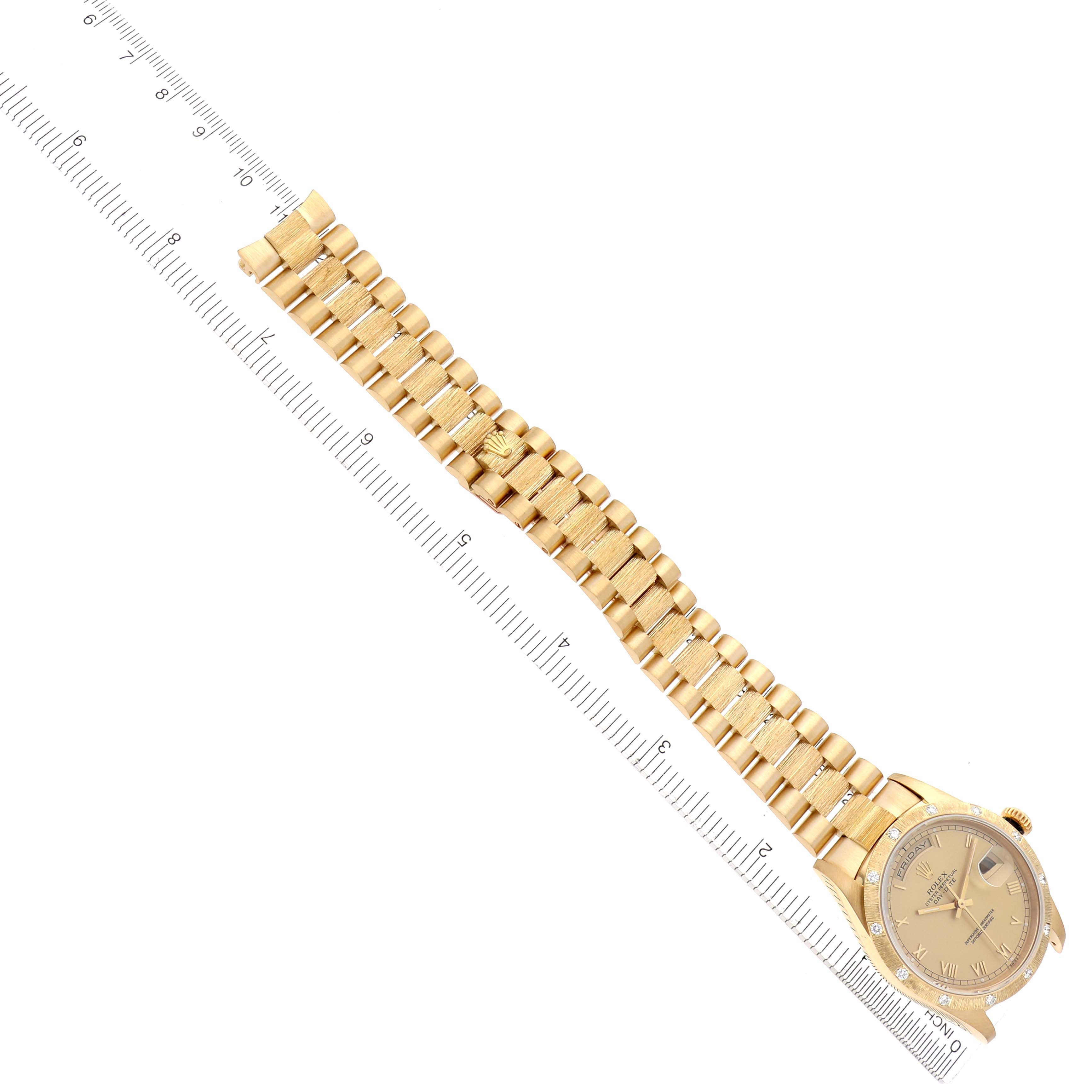 The image shows the Rolex President 18308 Men
s Yellow Gold Champagne Dial 18308 Men
s Yellow Gold Champagne Dial model watch laid flat, highlighting the full bracelet and watch face.