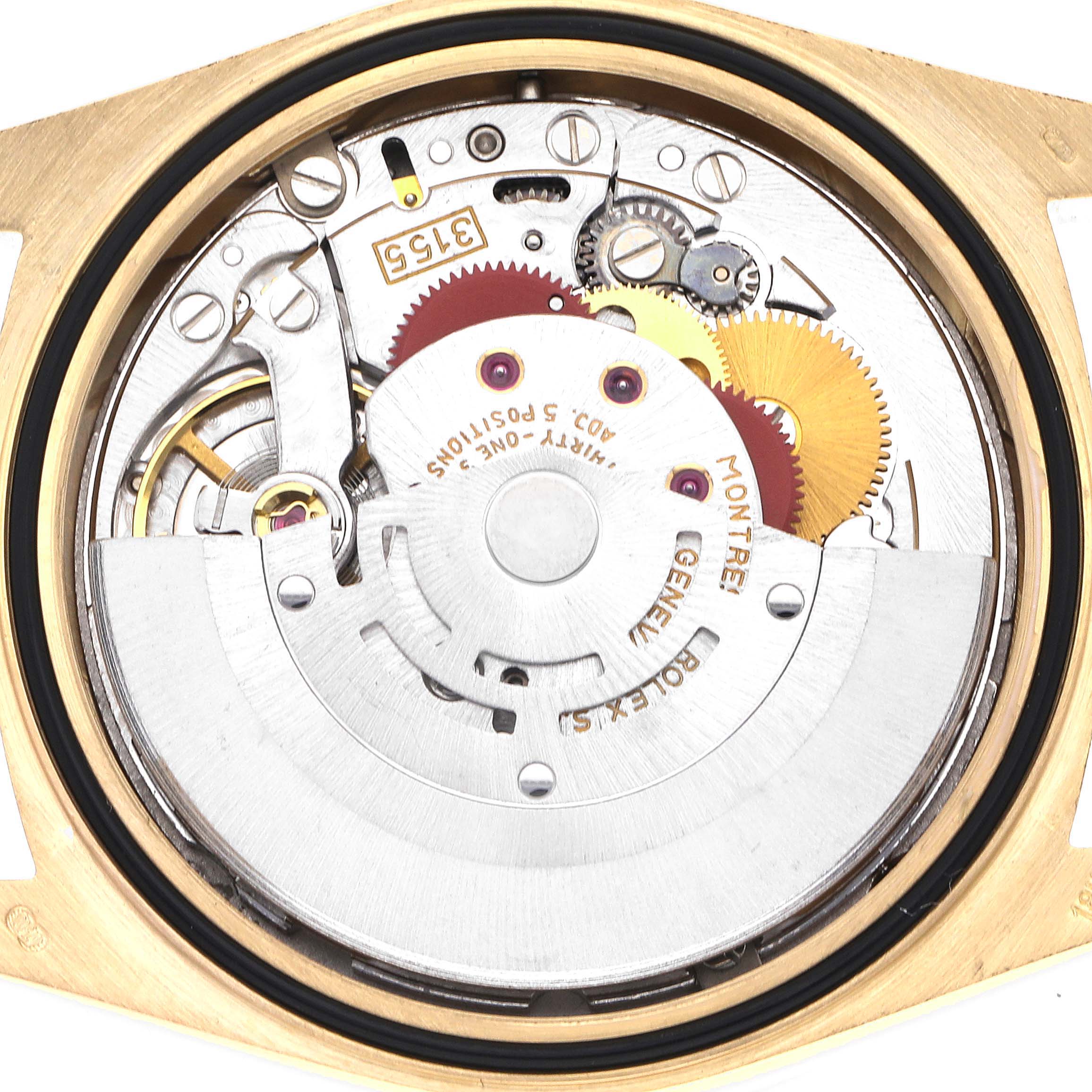 The image shows the internal mechanical movement of a Rolex President 18308 Men
s Yellow Gold Champagne Dial 18308 Men
s Yellow Gold Champagne Dial model, viewed from the back without the case.