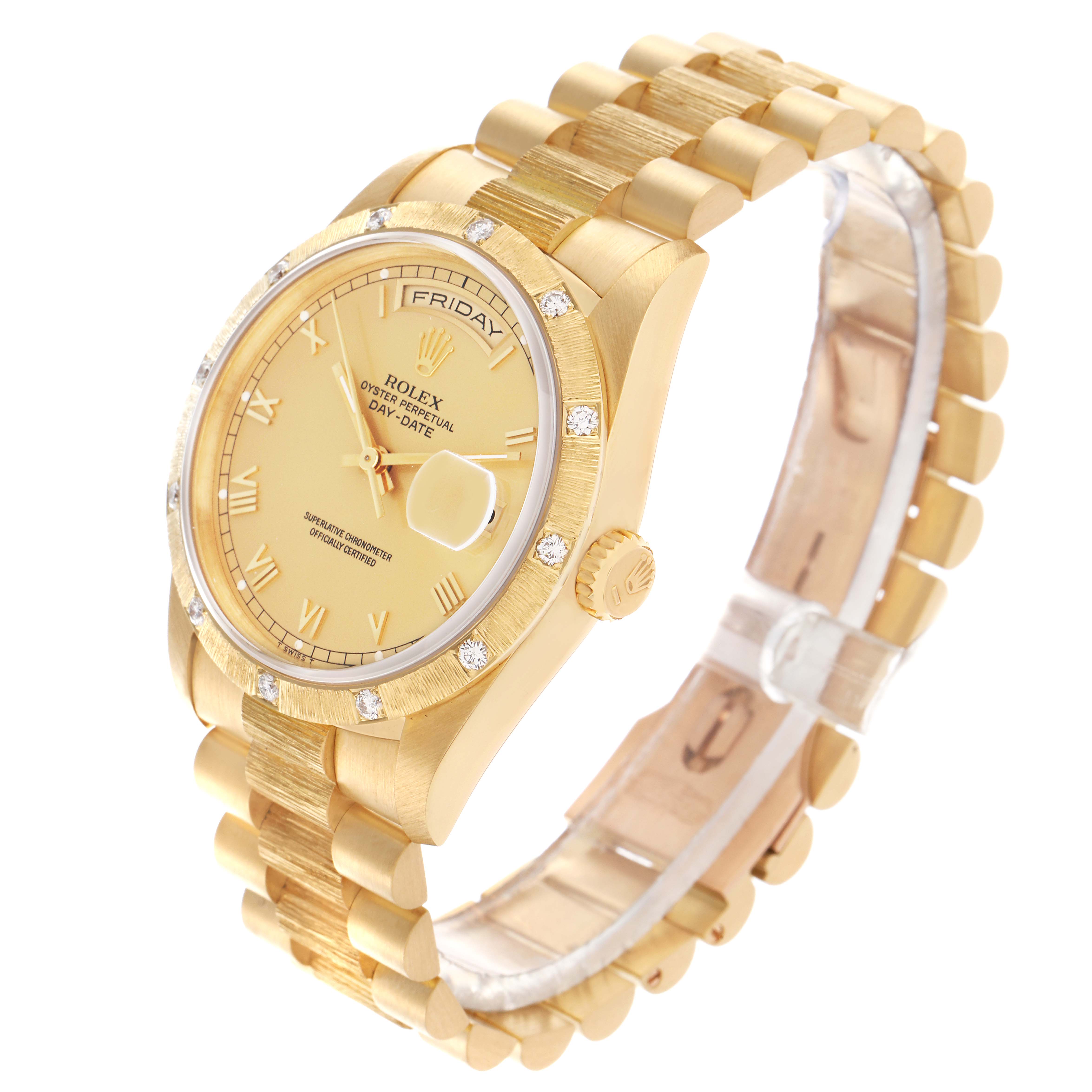 The Rolex President 18308 Men
s Yellow Gold Champagne Dial 18308 Men
s Yellow Gold Champagne Dial watch is shown at a three-quarter angle, highlighting the dial, bezel, crown, and bracelet.