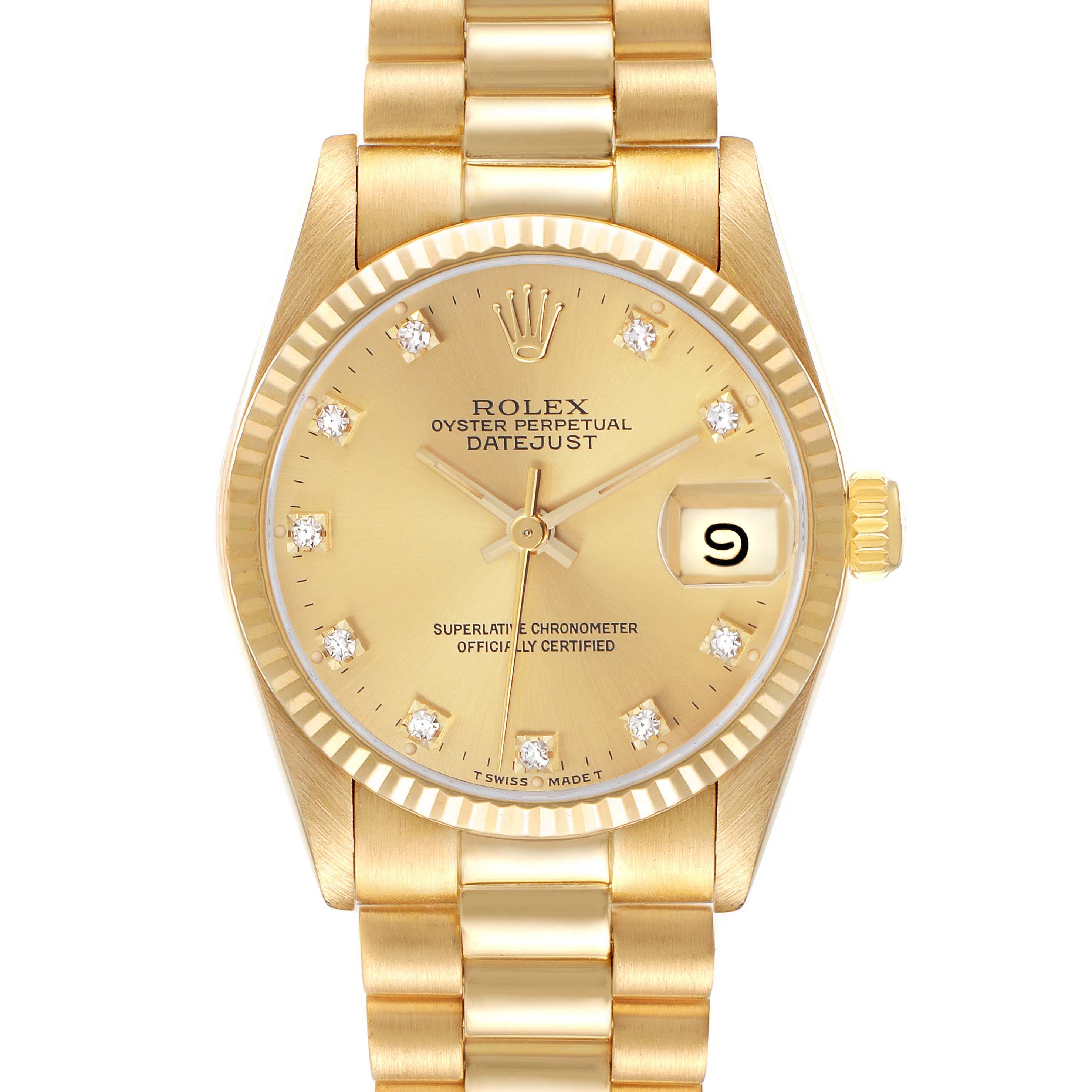The Rolex Mid-Size Datejust is shown from the front, highlighting the dial, bezel, and bracelet.