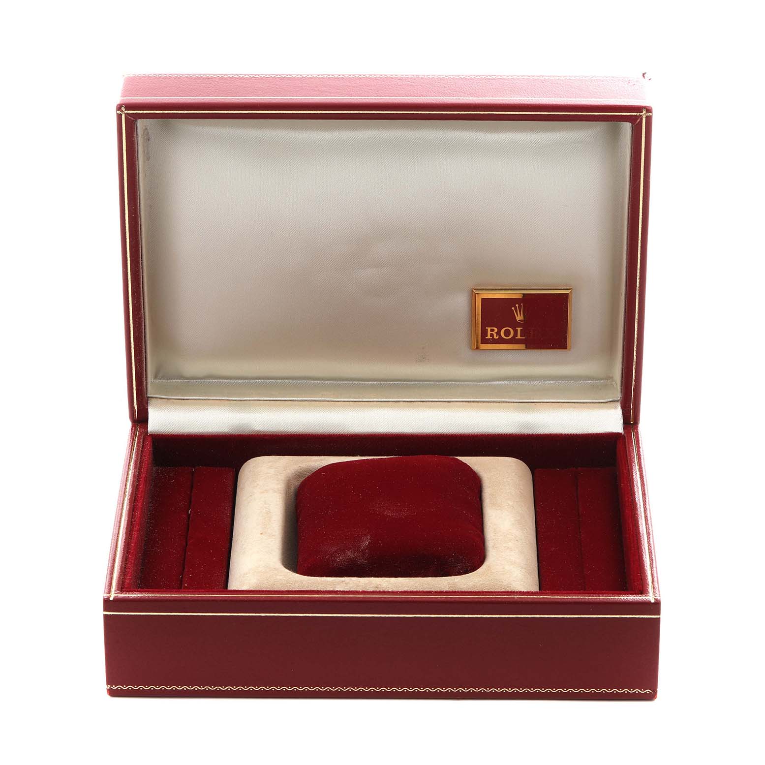 The image shows an open Rolex Mid-Size watch box, displaying an empty interior with a velvet cushion.