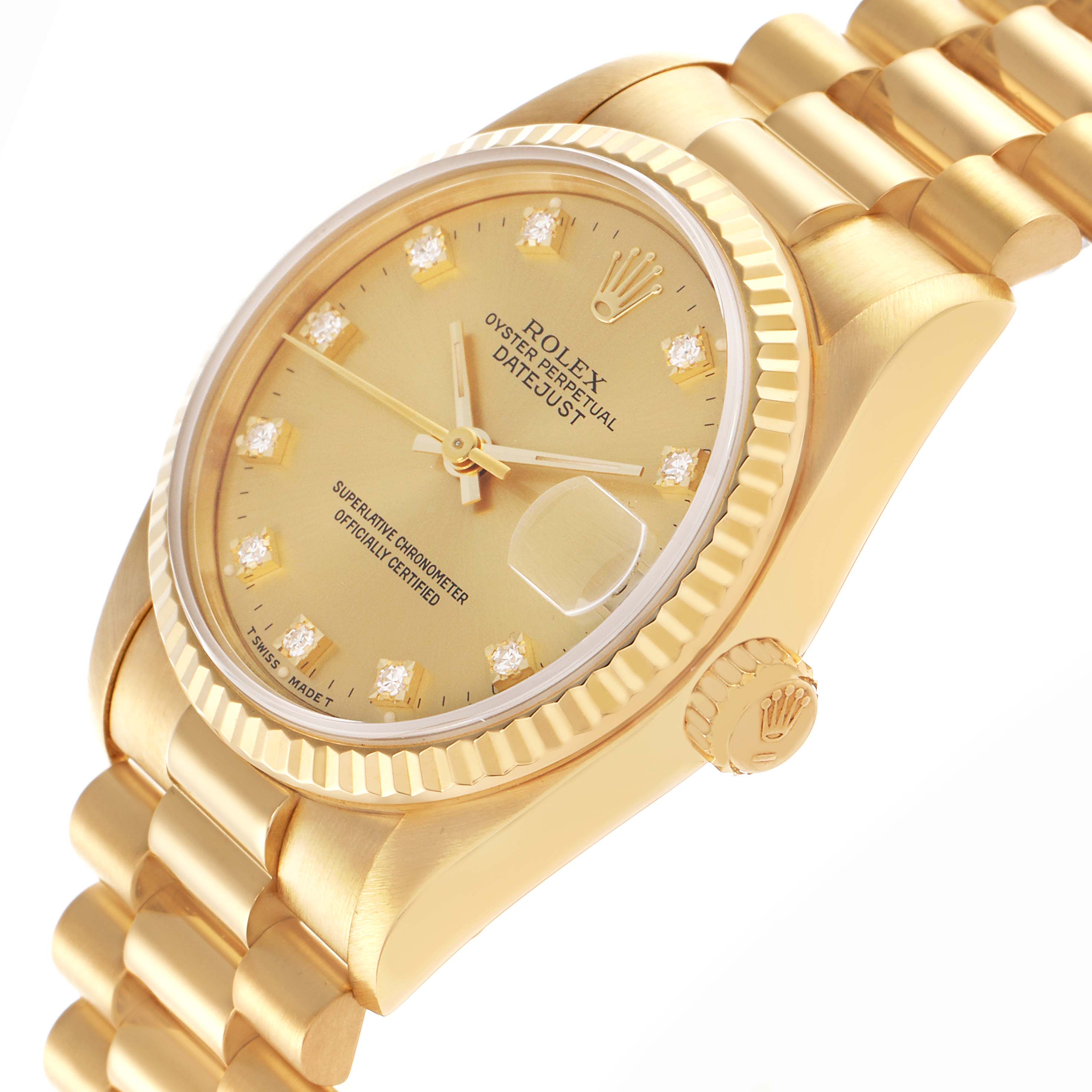 The Rolex Mid-Size watch is shown at a three-quarter angle, highlighting the dial, crown, bezel, and part of the bracelet.