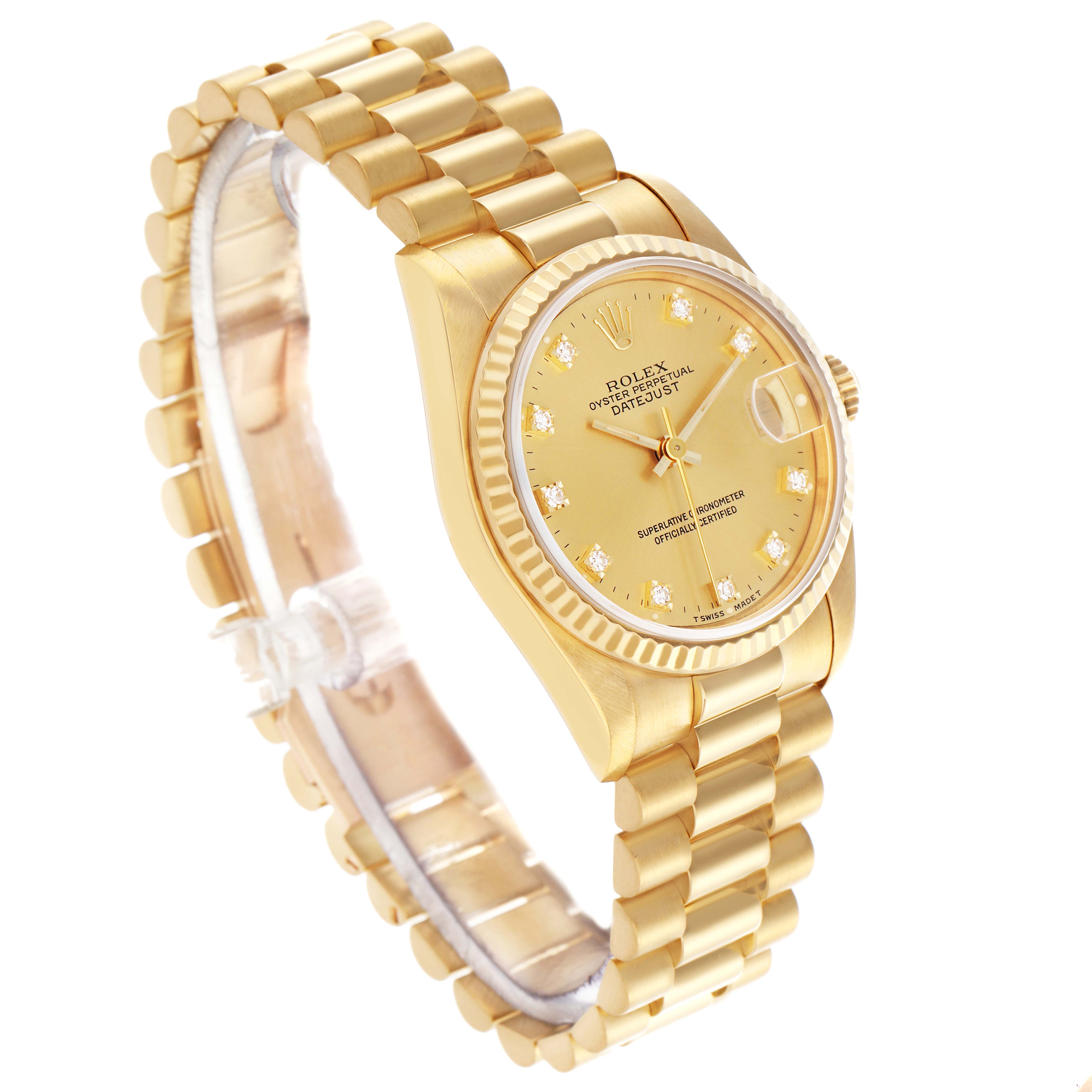 The Rolex Mid-Size Datejust is shown at a three-quarter angle highlighting its gold bracelet, bezel, and face with diamond markers.