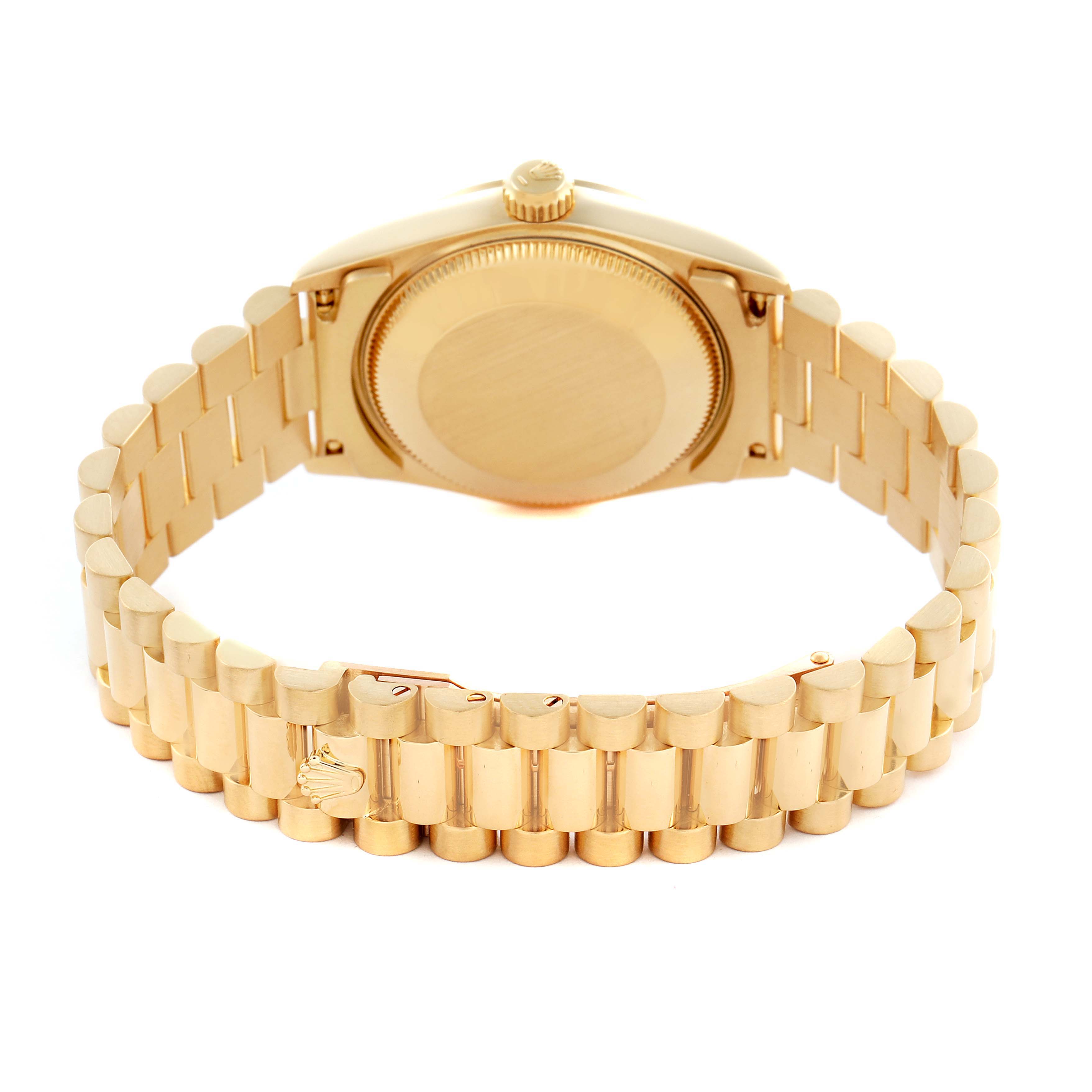 The image shows the back and bracelet of a Rolex Mid-Size watch from a rear angle.