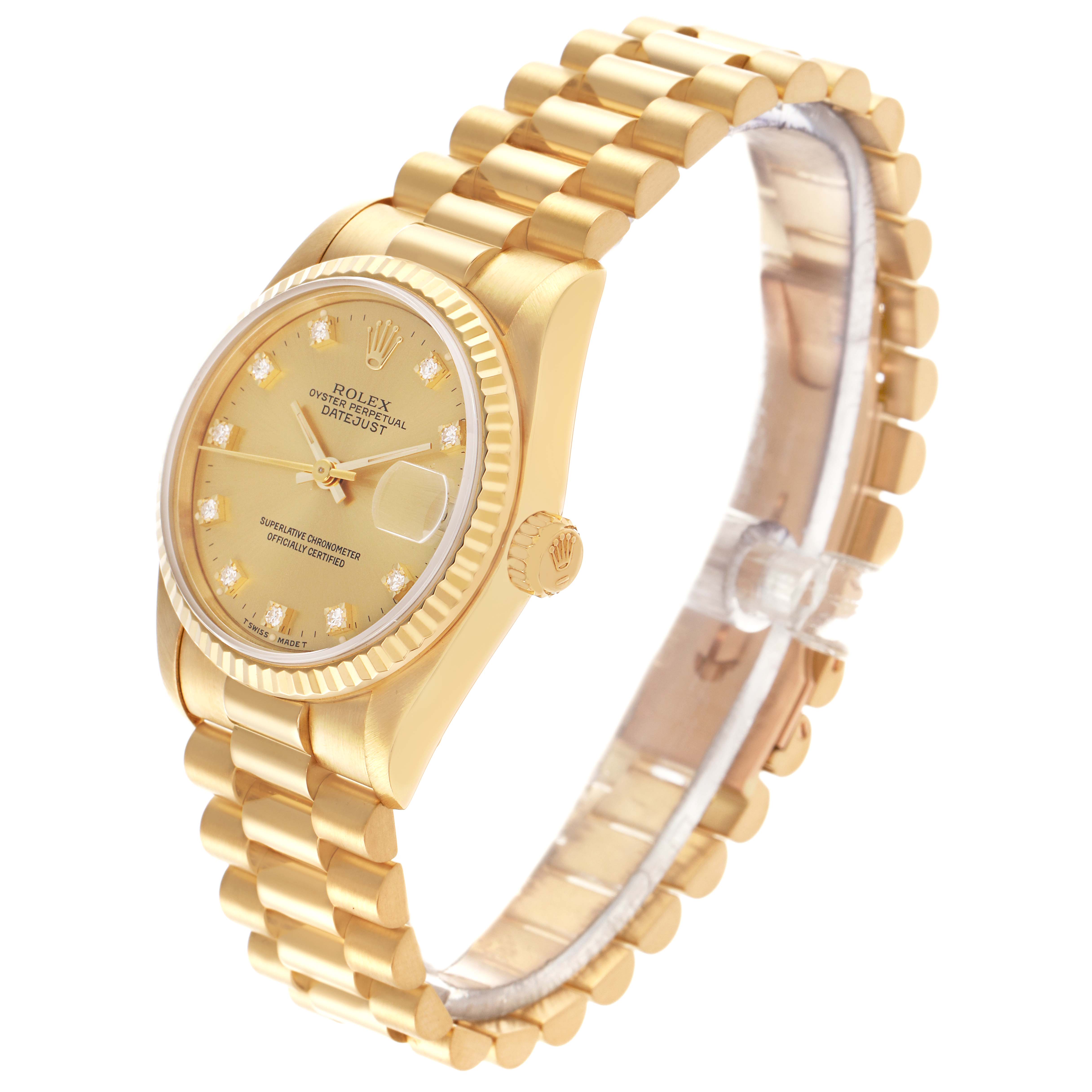 The Rolex Mid-Size watch is shown at a three-quarter angle displaying the dial, bezel, crown, and part of the bracelet.