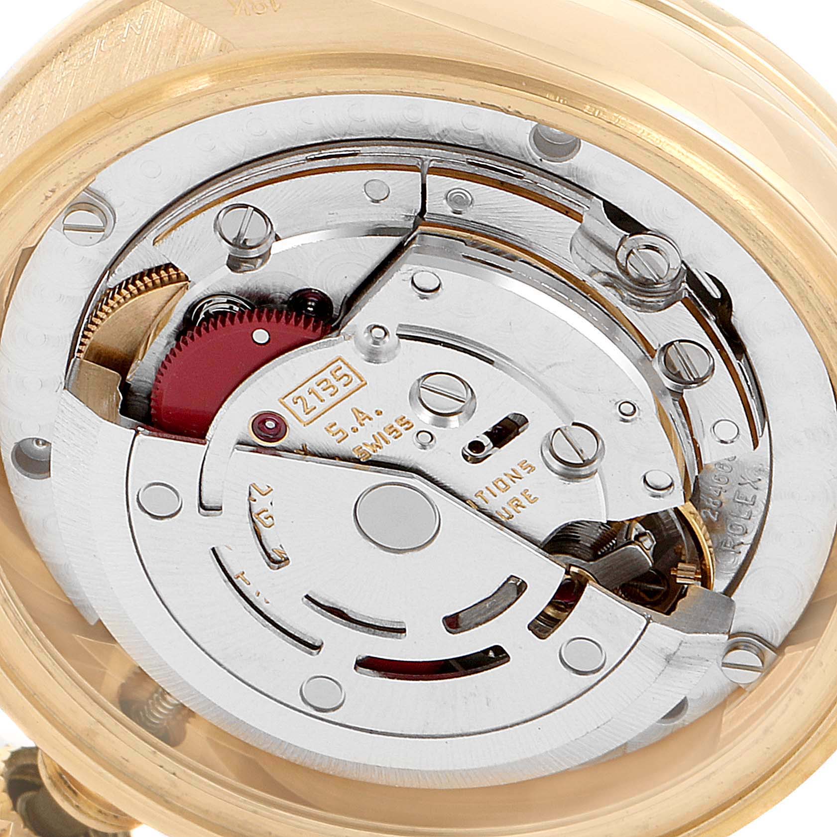 The image shows a close-up view of the movement mechanism of a Rolex President 68158 Women
s Yellow Gold Champagne Dial 68158 Women
s Yellow Gold Champagne Dial watch.