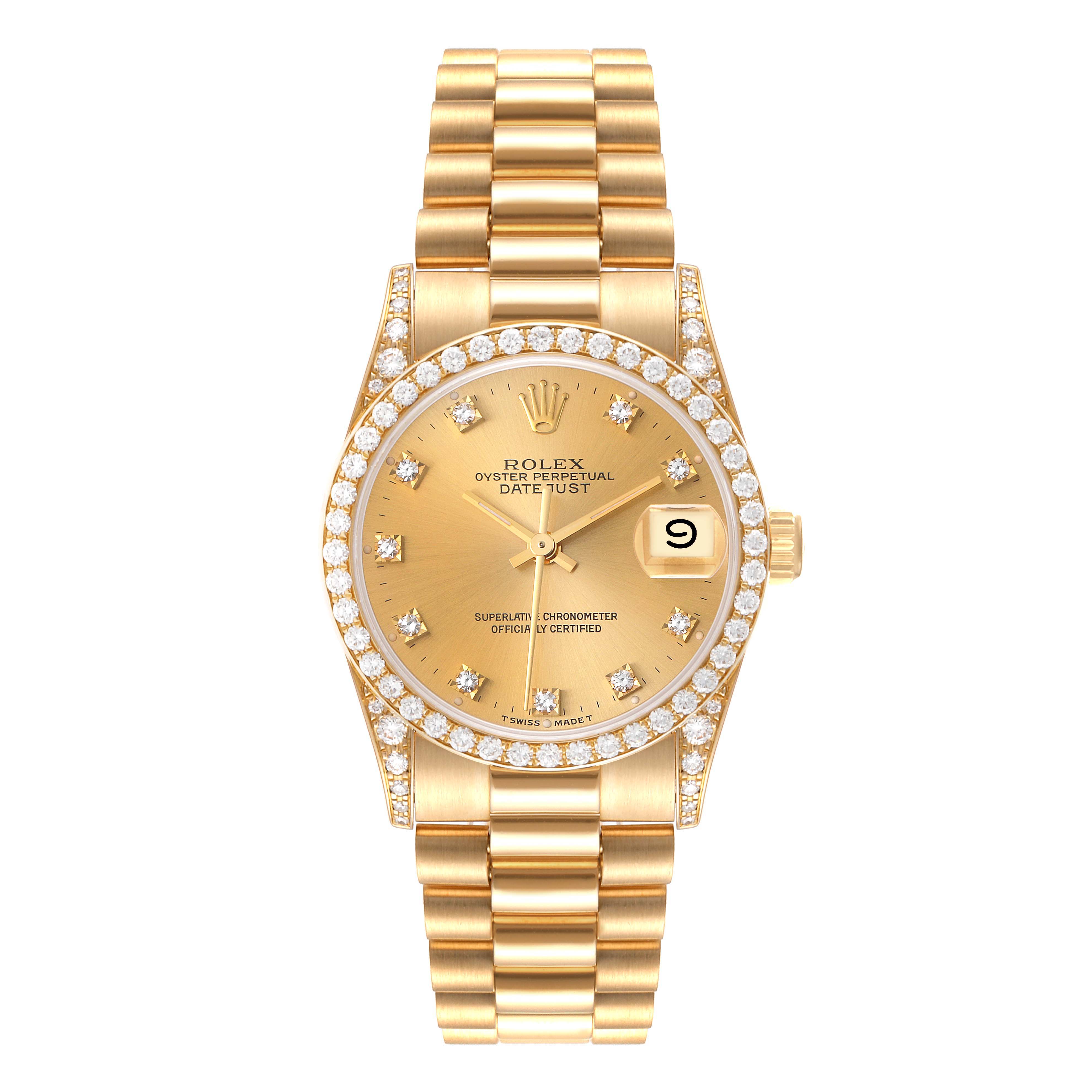 This is a frontal view of a Rolex President 68158 Women
s Yellow Gold Champagne Dial 68158 Women
s Yellow Gold Champagne Dial model watch, showing its gold case, diamond-set bezel, dial, and bracelet.