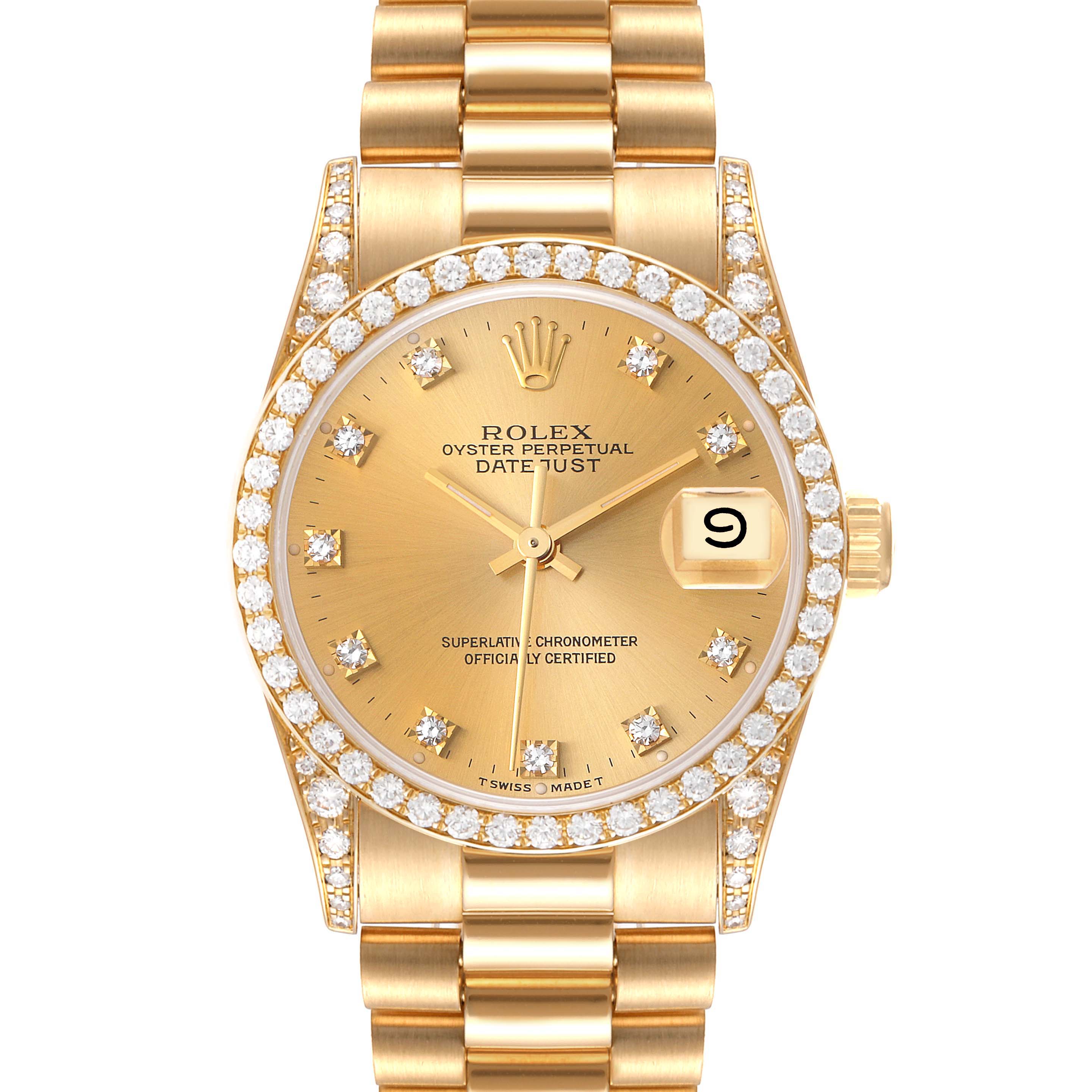 The image shows a front view of the Rolex President 68158 Women
s Yellow Gold Champagne Dial 68158 Women
s Yellow Gold Champagne Dial model watch, detailing its gold case, diamond bezel, and bracelet.