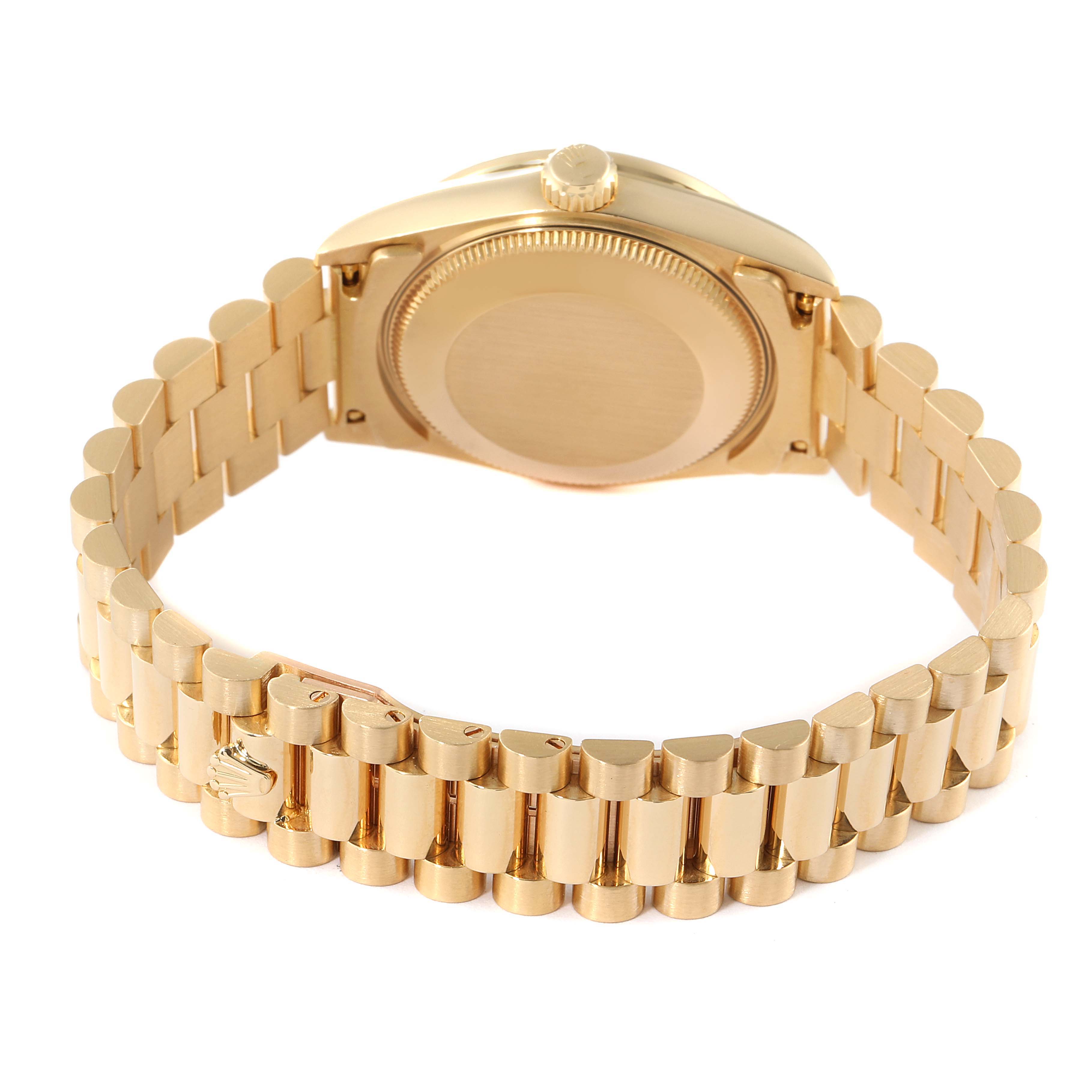 The image shows the back and bracelet of a Rolex President 68158 Women
s Yellow Gold Champagne Dial 68158 Women
s Yellow Gold Champagne Dial model watch, focusing on the case and band.