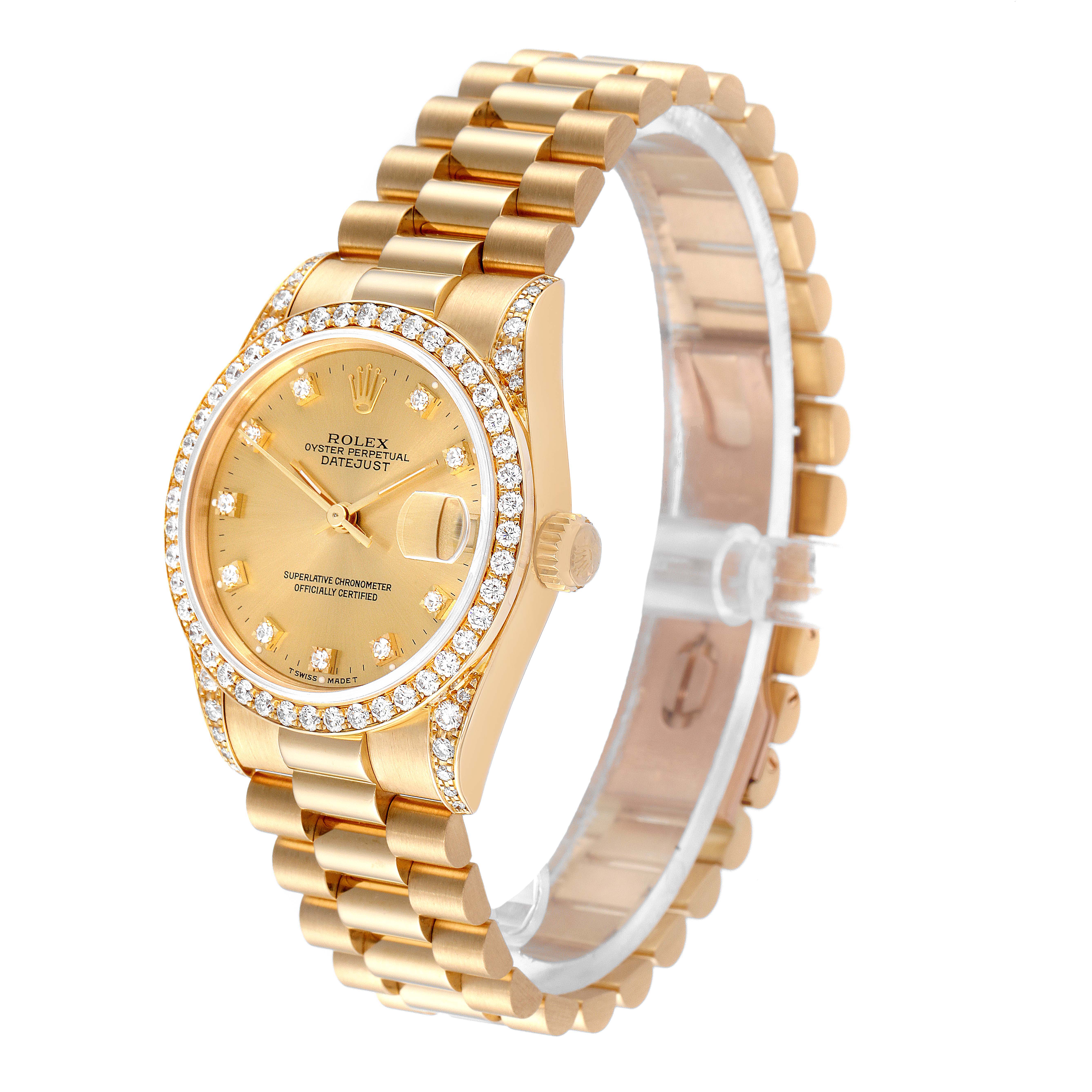 This image shows a Rolex President 68158 Women
s Yellow Gold Champagne Dial 68158 Women
s Yellow Gold Champagne Dial model watch from a side angle, highlighting the dial, bezel, crown, and bracelet.