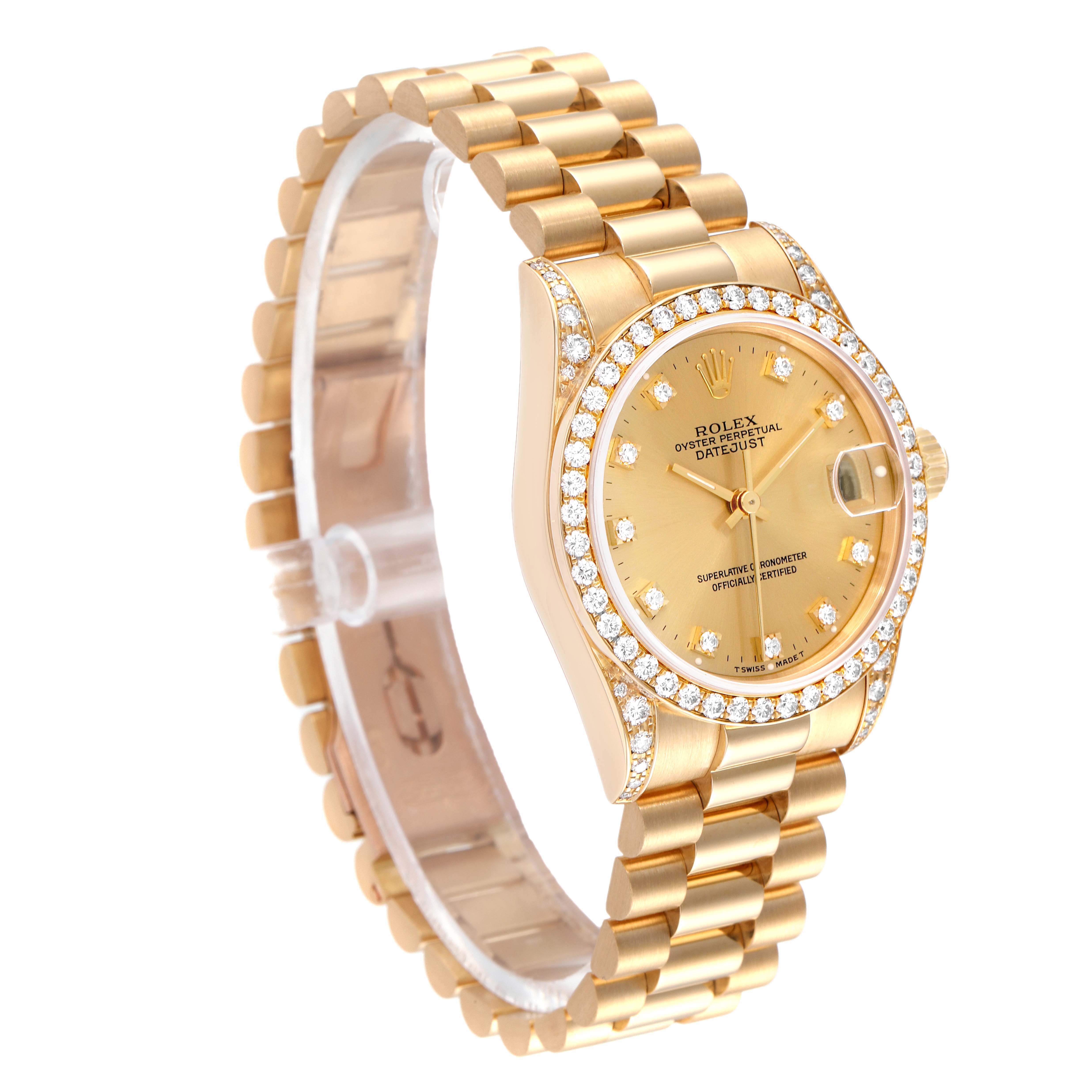 The Rolex President 68158 Women
s Yellow Gold Champagne Dial 68158 Women
s Yellow Gold Champagne Dial model watch is shown at an angled view highlighting its bracelet, diamond-encrusted bezel, dial, and crown.