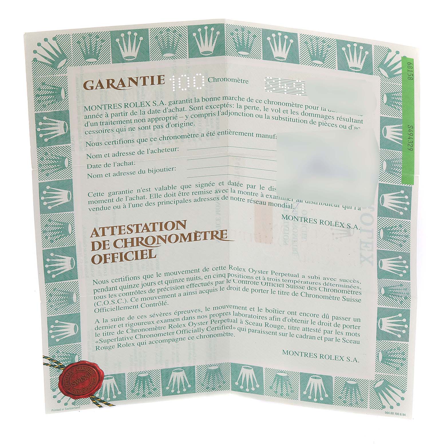 This image shows the official warranty and chronometer certification papers for a Rolex President 68158 Women
s Yellow Gold Champagne Dial 68158 Women
s Yellow Gold Champagne Dial model watch.