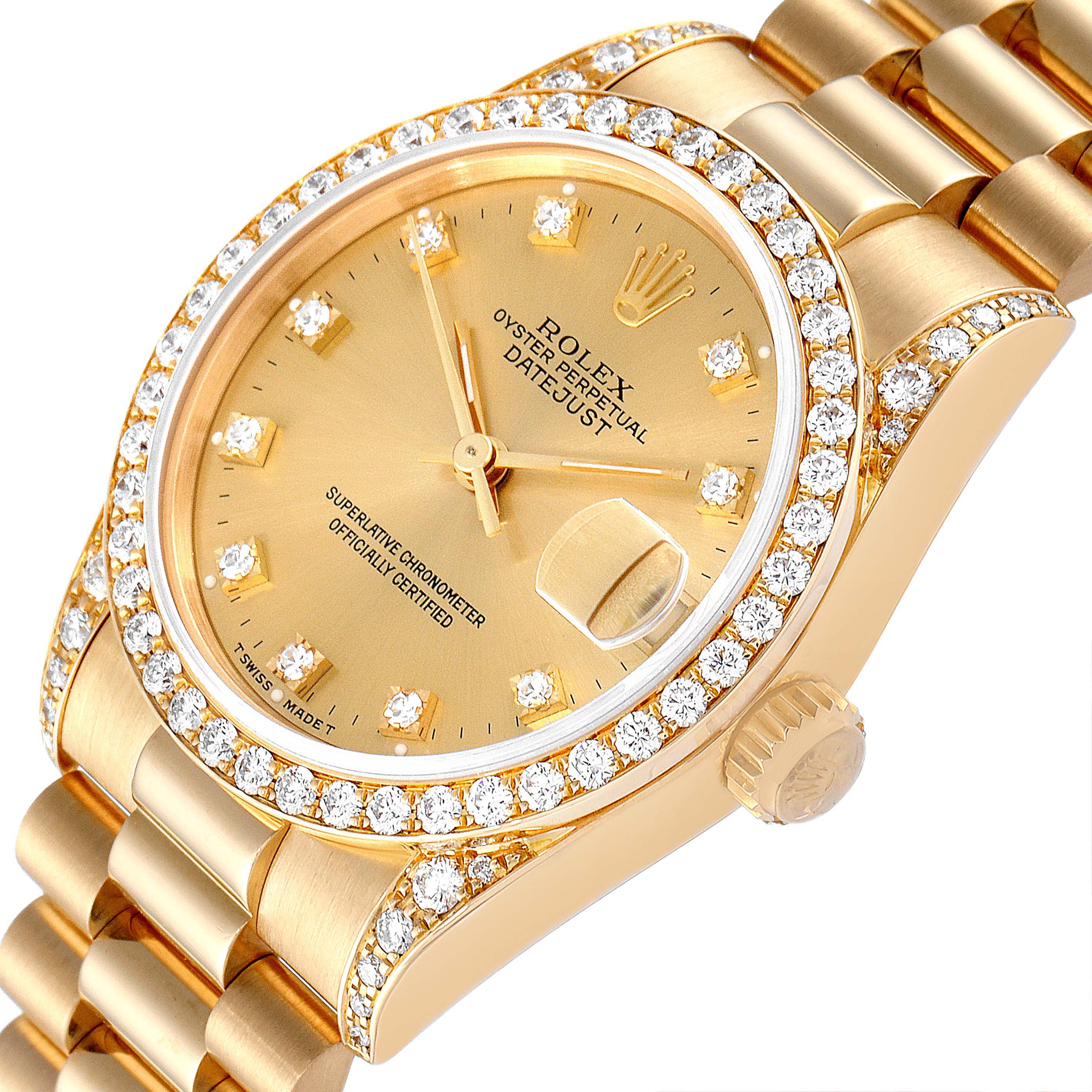 The Rolex President 68158 Women
s Yellow Gold Champagne Dial 68158 Women
s Yellow Gold Champagne Dial model is shown at an angle highlighting the face, bezel, crown, and part of the bracelet.