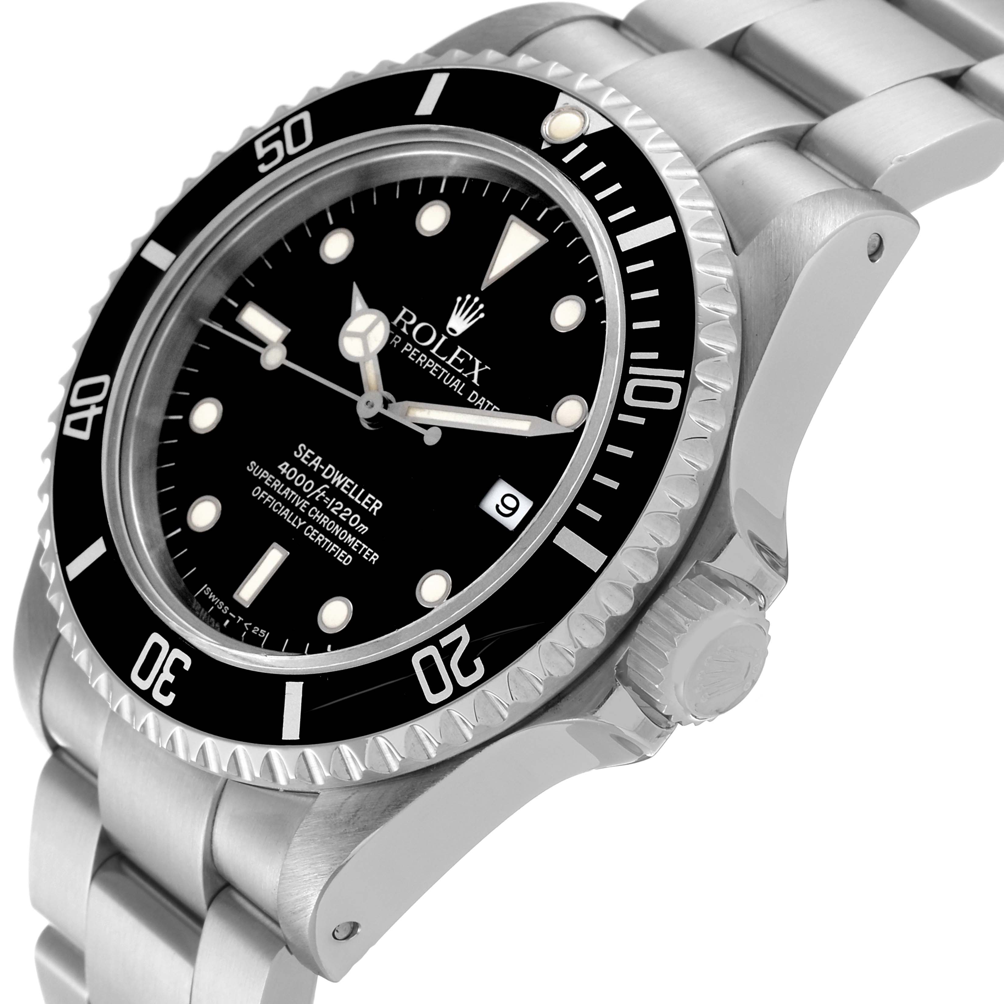 This image shows the Rolex Sea-Dweller 16600 Men
s Stainless Steel Black Dial 16600 Men
s Stainless Steel Black Dial watch at an angled side view, highlighting the bezel, dial, crown, and bracelet.