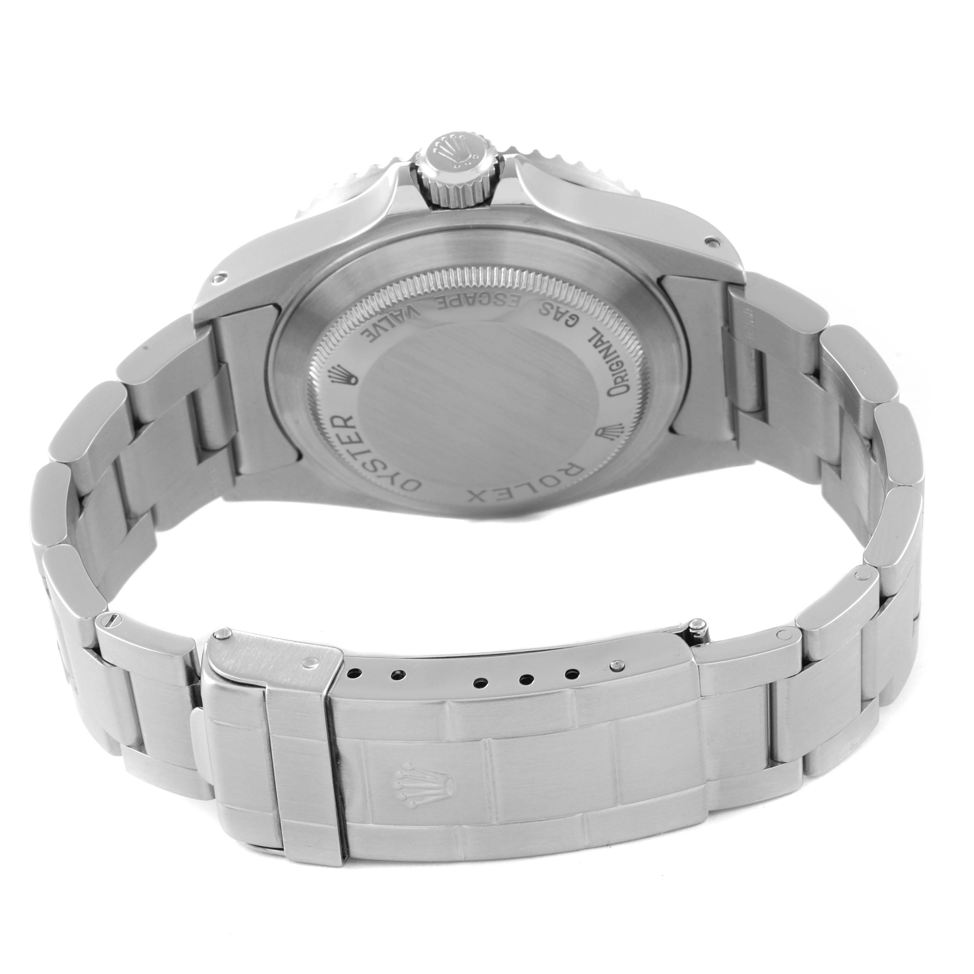 This image shows the back case and stainless steel bracelet of a Rolex Sea-Dweller 16600 Men
s Stainless Steel Black Dial 16600 Men
s Stainless Steel Black Dial watch from a rear angle.