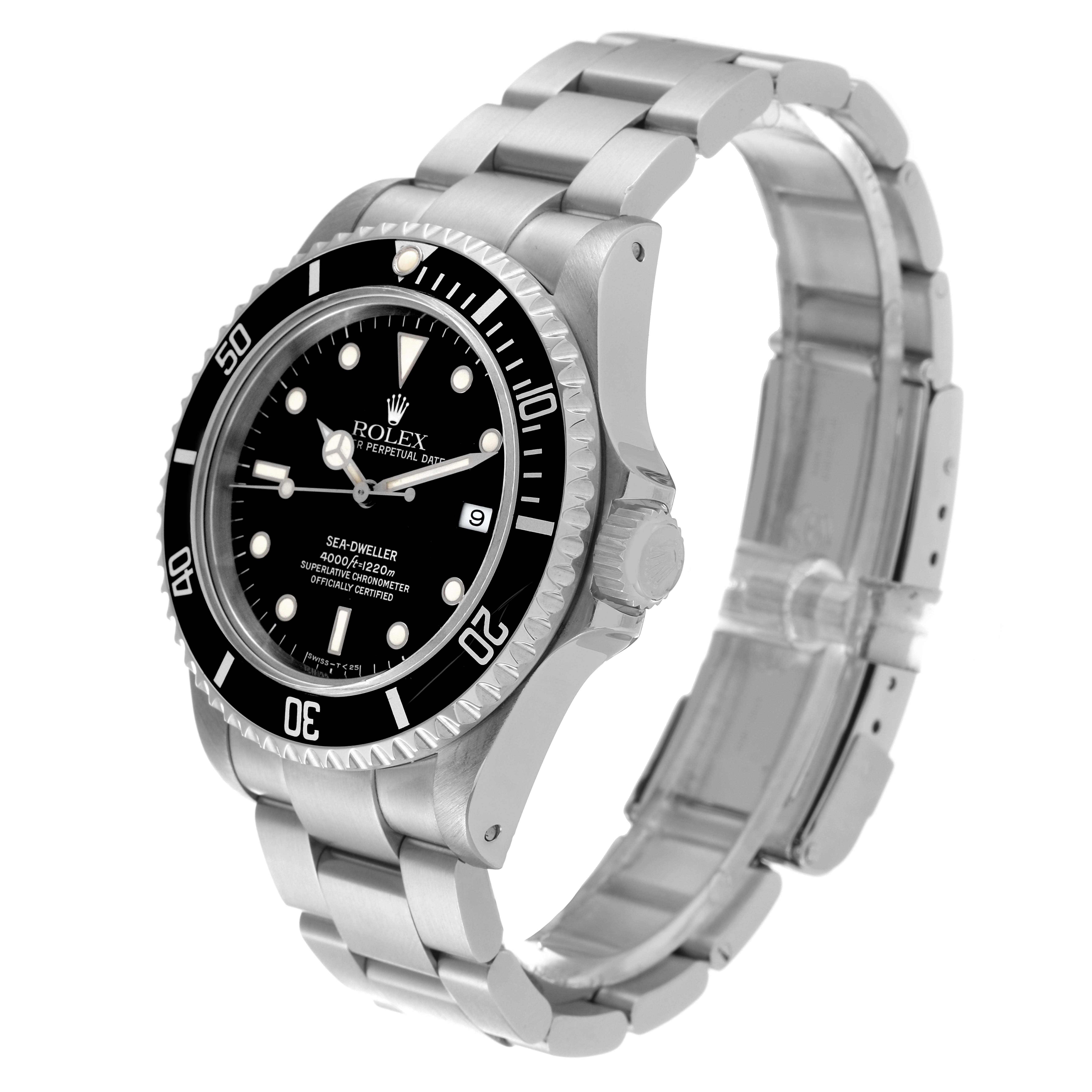 This image shows a Rolex Sea-Dweller 16600 Men
s Stainless Steel Black Dial 16600 Men
s Stainless Steel Black Dial watch at a three-quarter angle displaying its face, bezel, crown, and part of the bracelet.