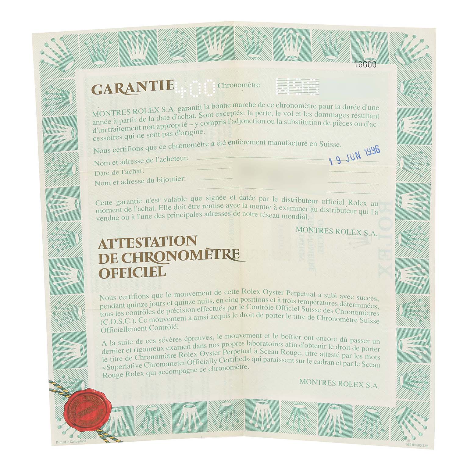 This image shows a warranty certificate for the Rolex Sea-Dweller 16600 Men
s Stainless Steel Black Dial 16600 Men
s Stainless Steel Black Dial watch, highlighting text and official seals.