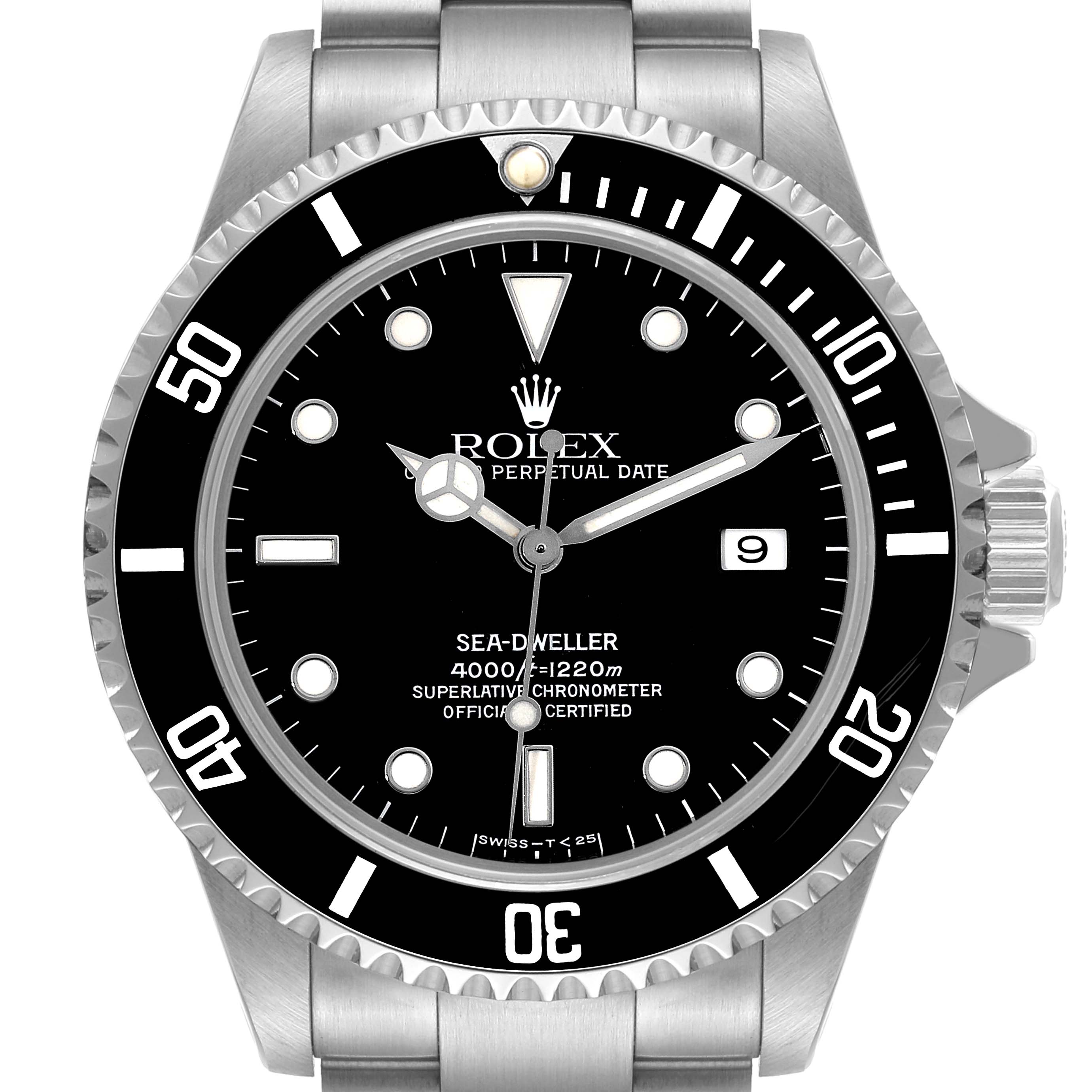 This image shows a front view of the Rolex Sea-Dweller 16600 Men
s Stainless Steel Black Dial 16600 Men
s Stainless Steel Black Dial watch, highlighting its dial, bezel, hands, and date display.